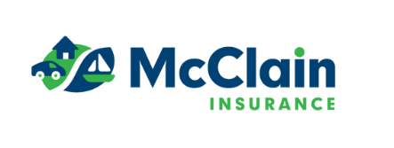 McClain Insurance logo featuring a blue house, a green tree, a blue car, and a white sailboat, with the text 'McClain Insurance'.