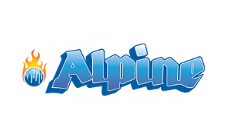 Alpine logo with a stylized mountain and a flame.