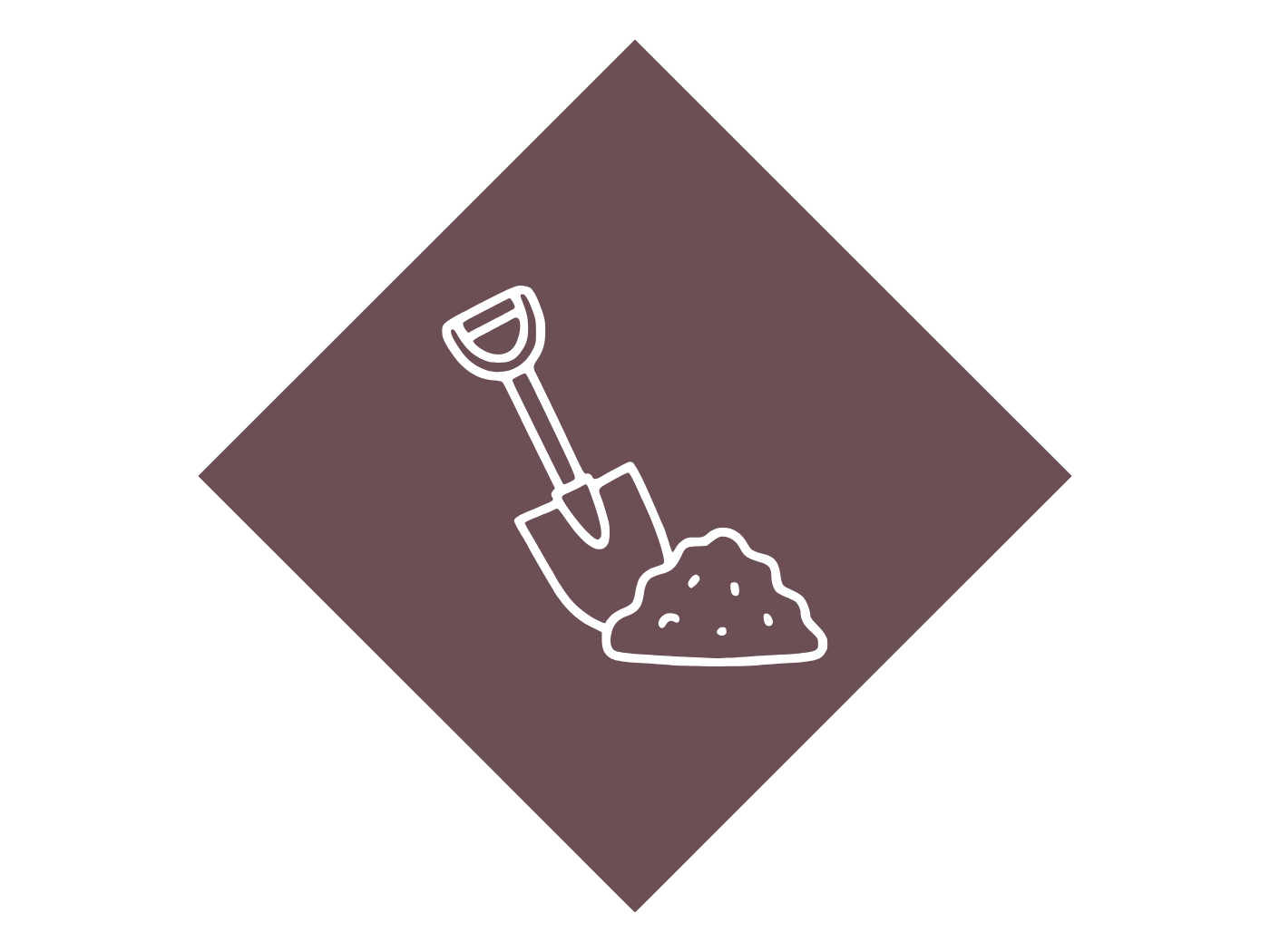 Outline drawing of a shovel next to a pile of dirt, on a brown diamond-shaped background.