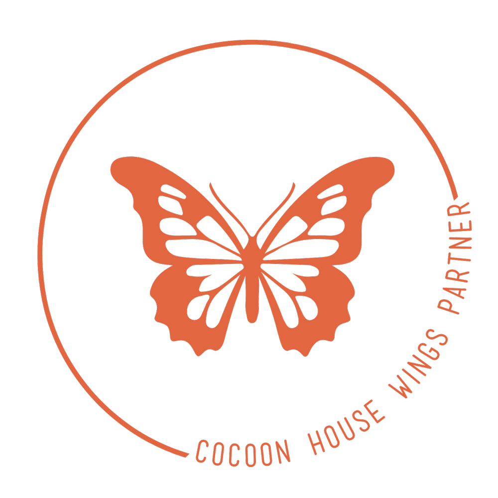 A logo featuring a butterfly in shades of orange and black, with text around it that reads 'Cocoon House Wings Partners' on a black background.