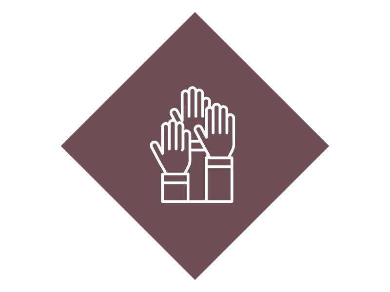 White outline of two hands giving a high five on a dark purple diamond-shaped background.