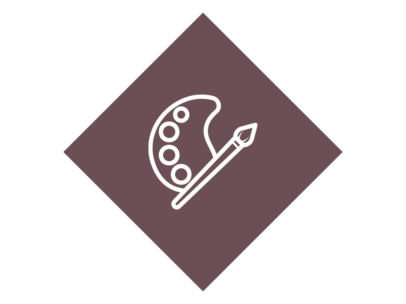 Icon of a painter's palette with a paintbrush on a purple diamond background.