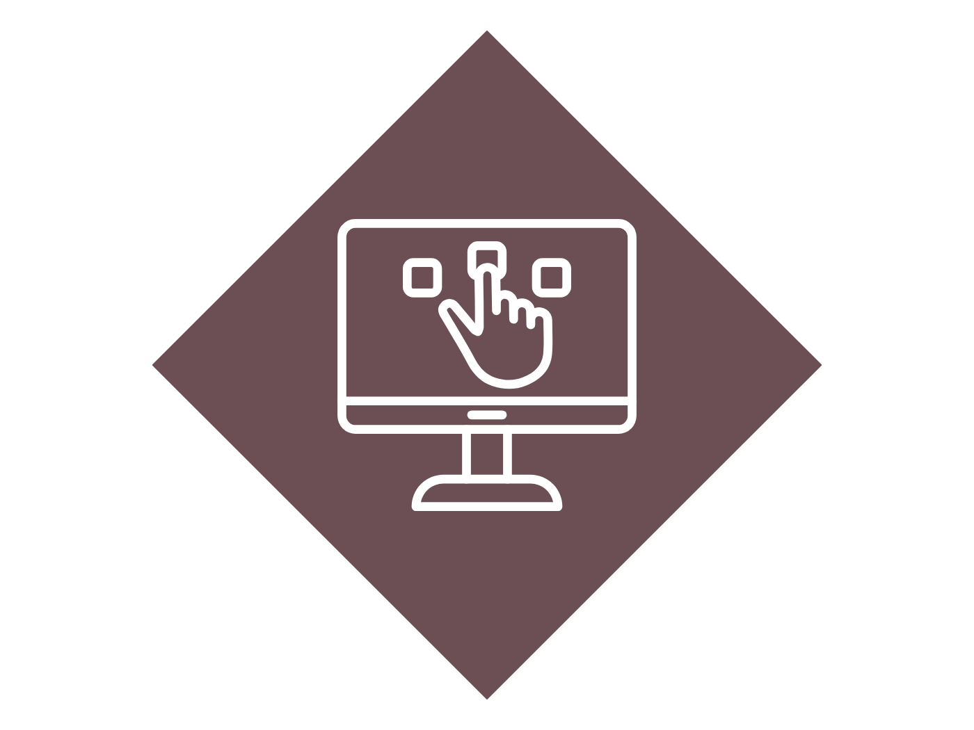 Line drawing of a computer monitor with a hand touching a button on the screen.