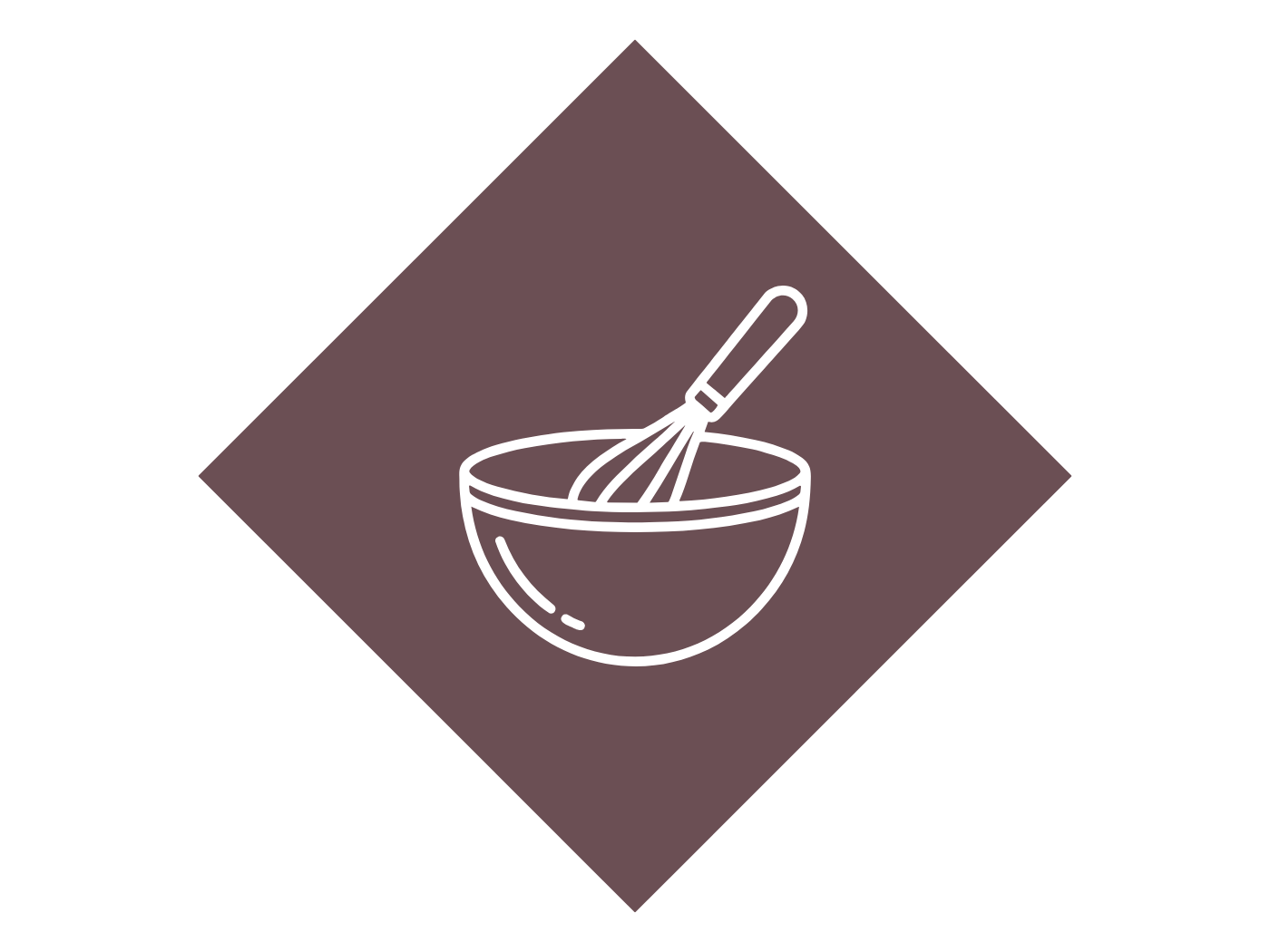 Line drawing of a mixing bowl with a whisk inside, on a dark purple diamond-shaped background.