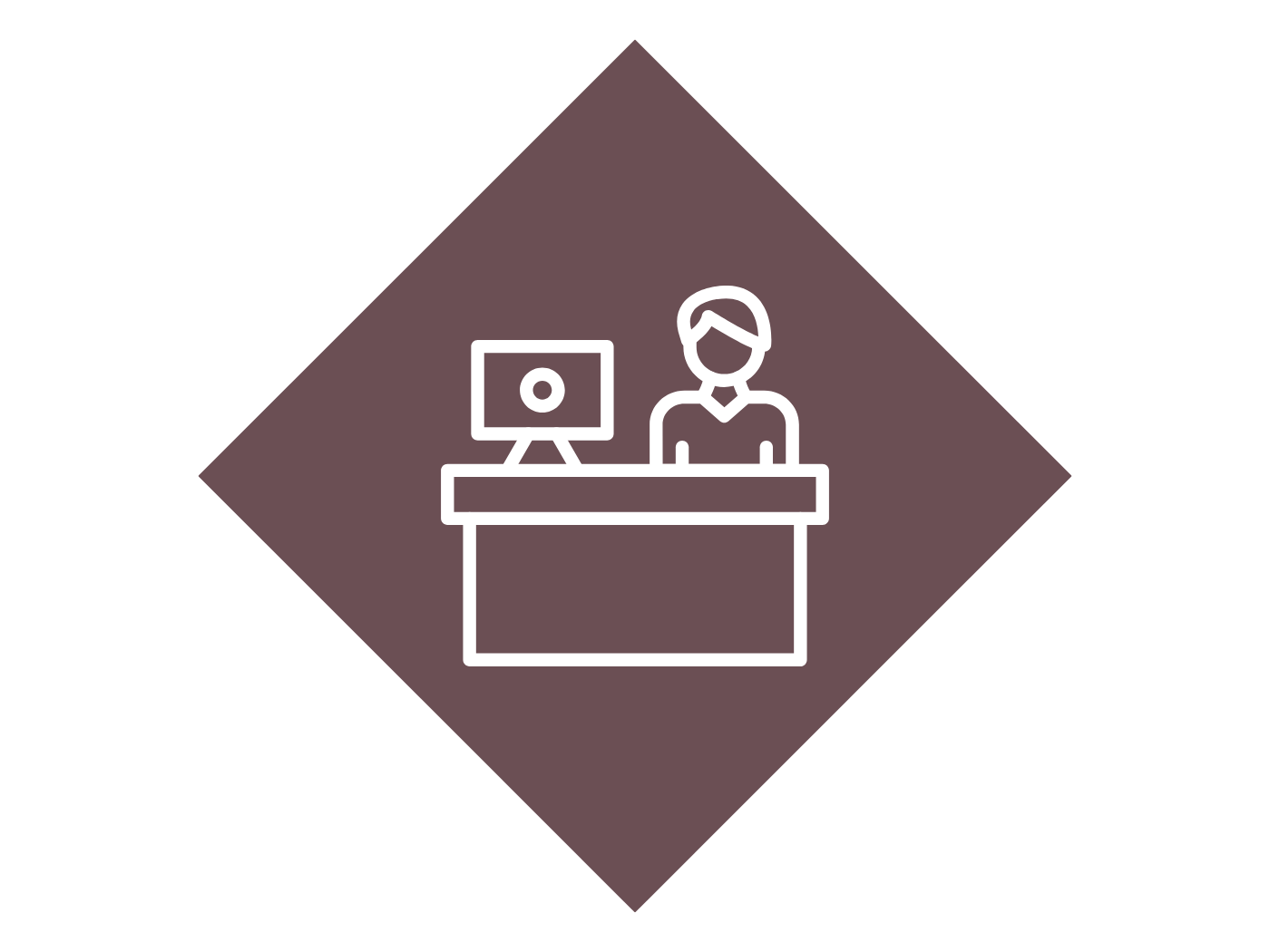 Line drawing of a person sitting at a desk with a computer, on a brown diamond-shaped background.