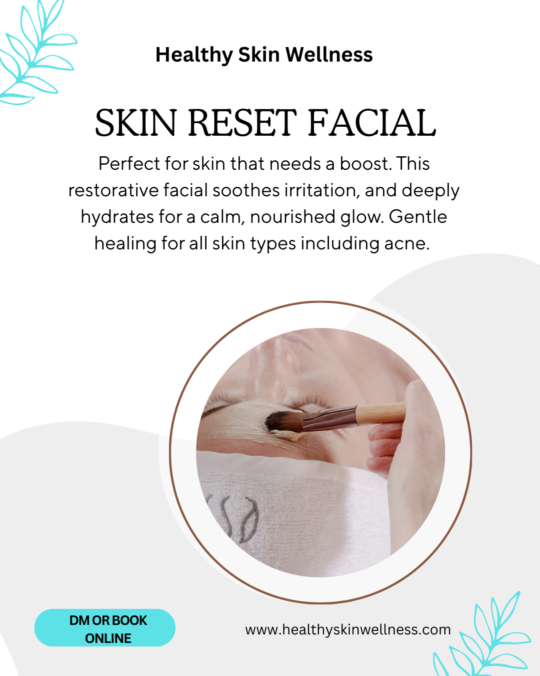 Description for calming skin reset facial treatment which uses microbiome skincare and LED light therapy to heal and repair a damaged skin barrier.