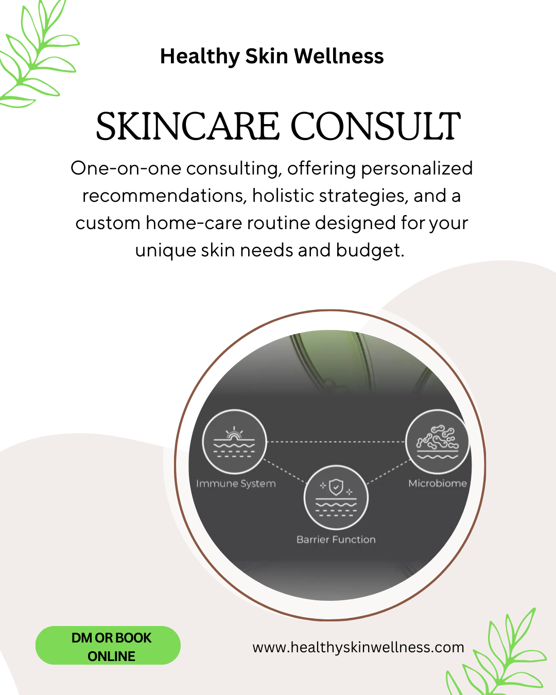 skincare consultation services, featuring text about personalized skin care, holistic strategies, and home-care routines, with icons representing immune system, microbiome, and barrier function, and containing the website www.healthyskinwellness.com.
