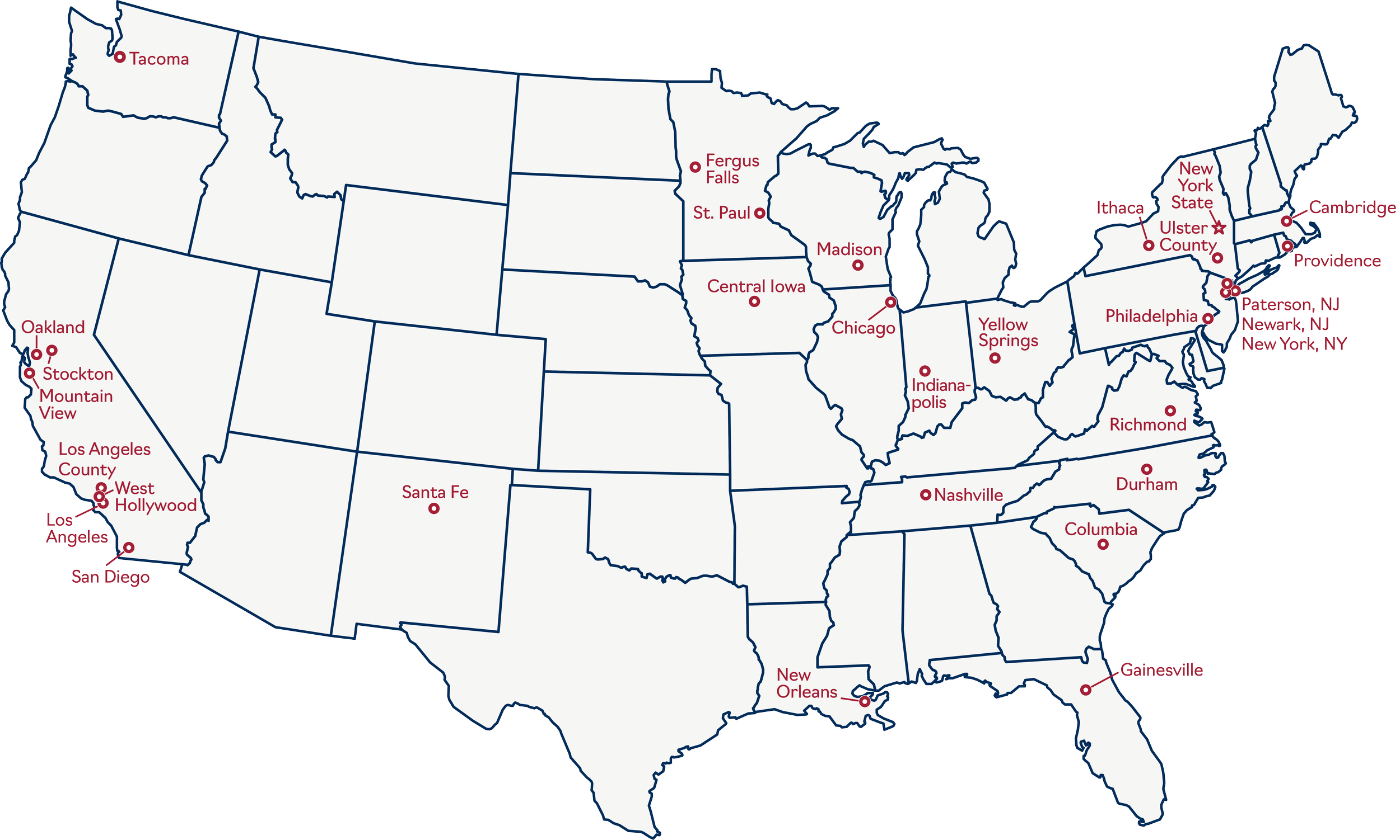 Map of the United States with pilot locations labeled in red.