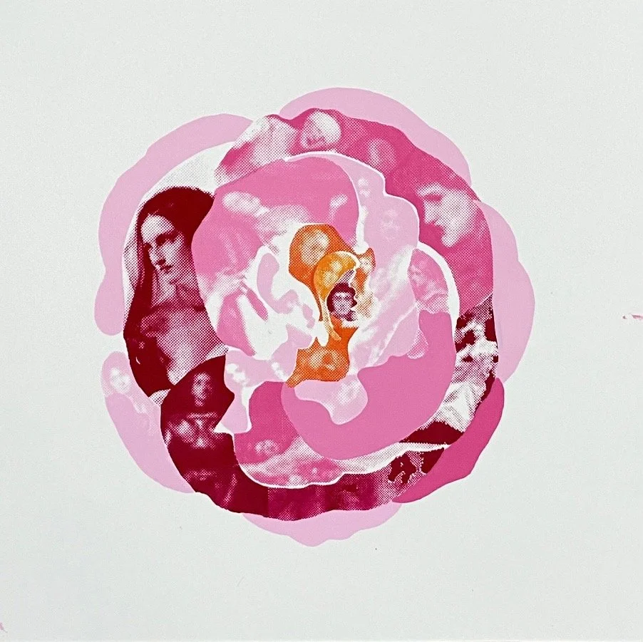 Collage of various women in shades of pink, purple, and orange arranged in a circular pattern, resembling a flower.