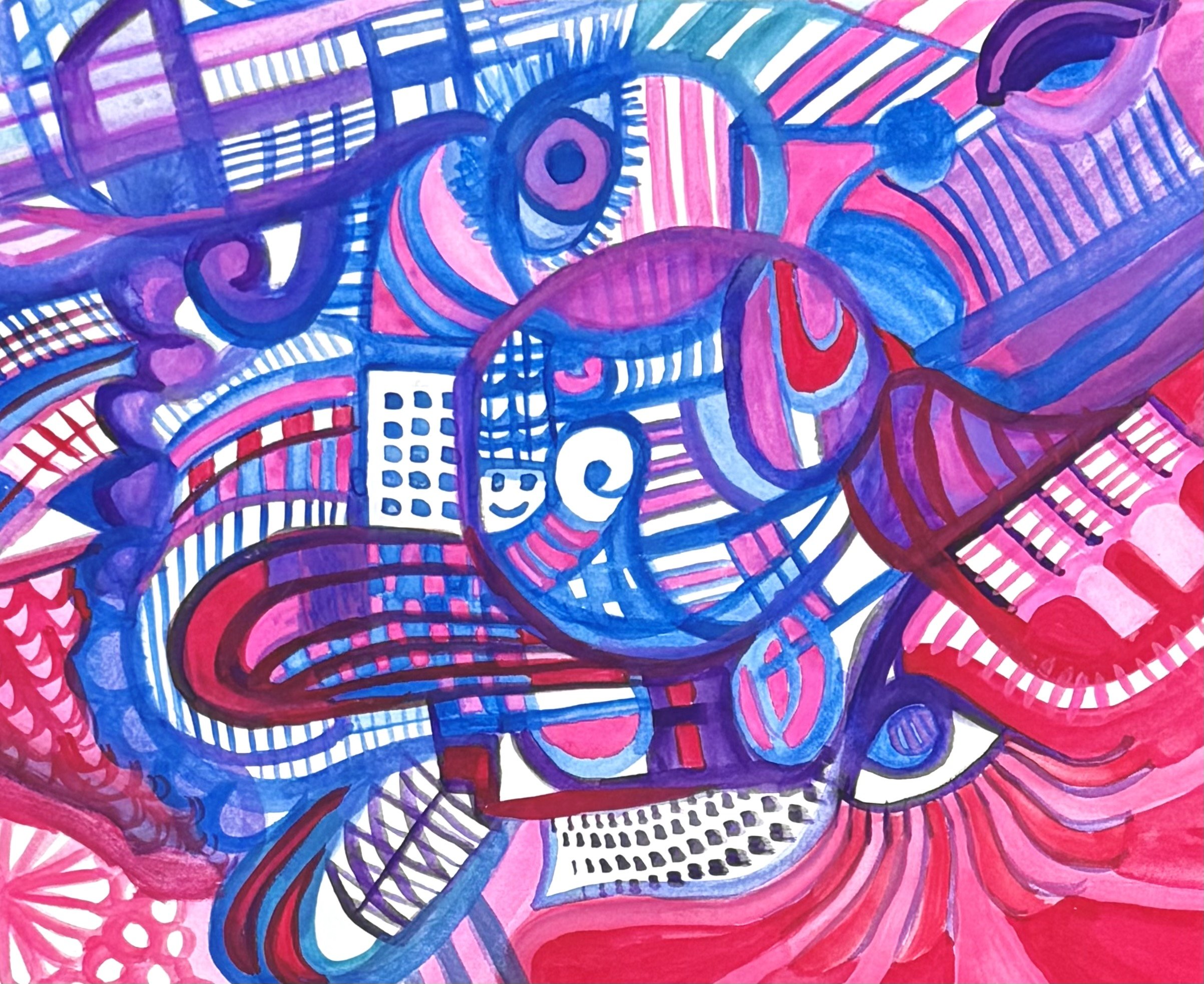 Abstract colorful painting with swirling shapes, lines, and patterns in shades of pink, purple, red, and blue.