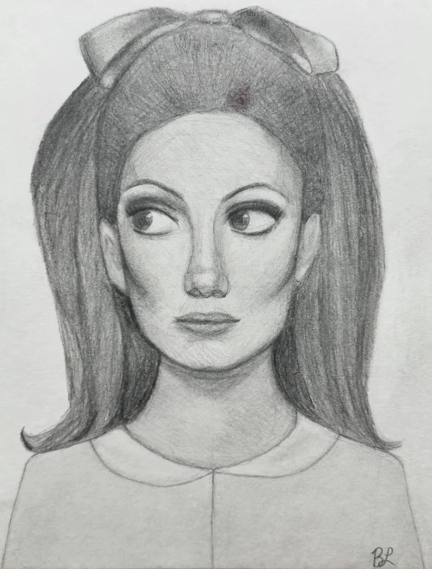 Pencil sketch of a woman with large eyes, dark hair, and wearing a bow on her head.