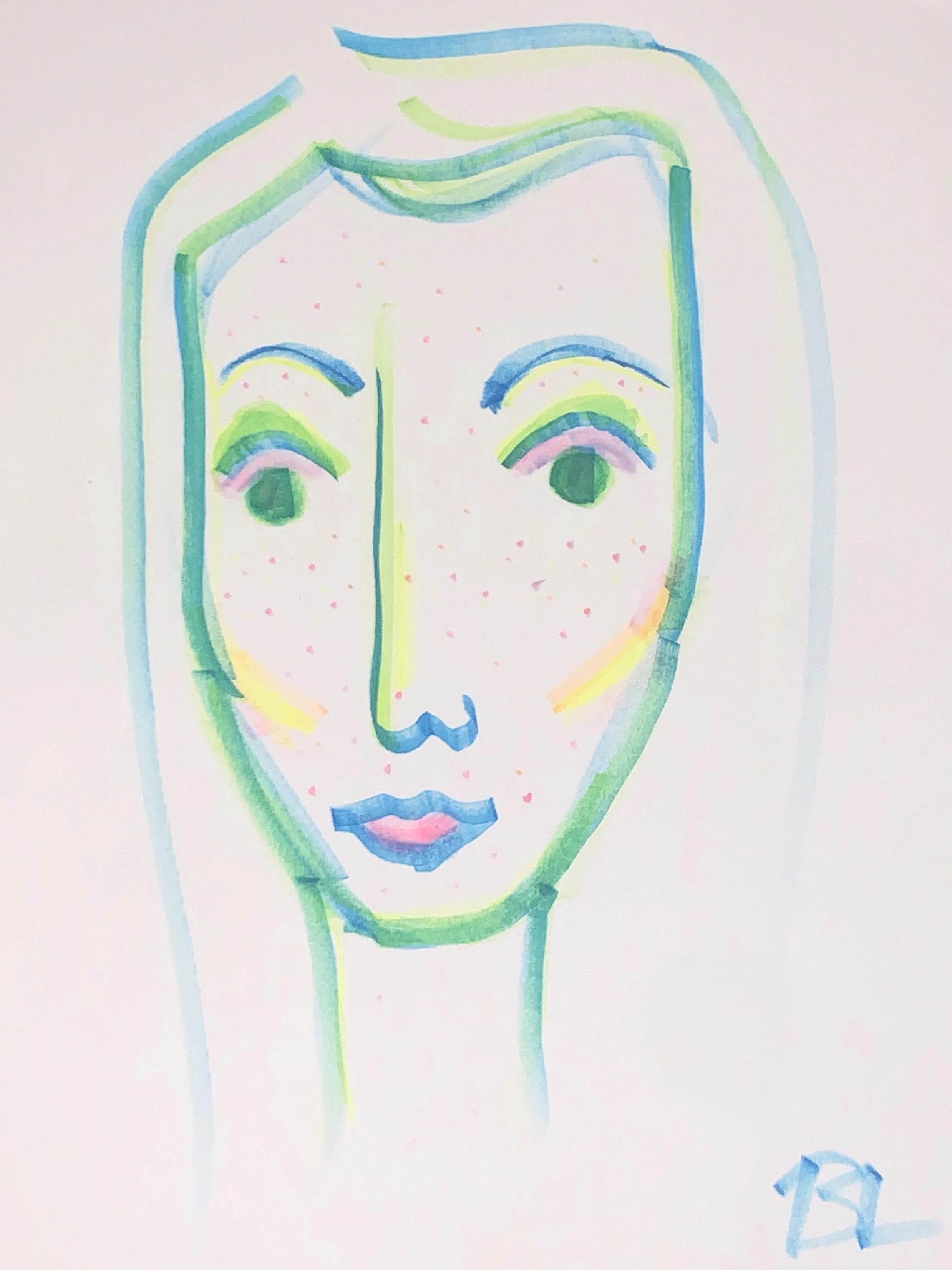 Colorful abstract portrait of a woman's face, with exaggerated features and vibrant colors.