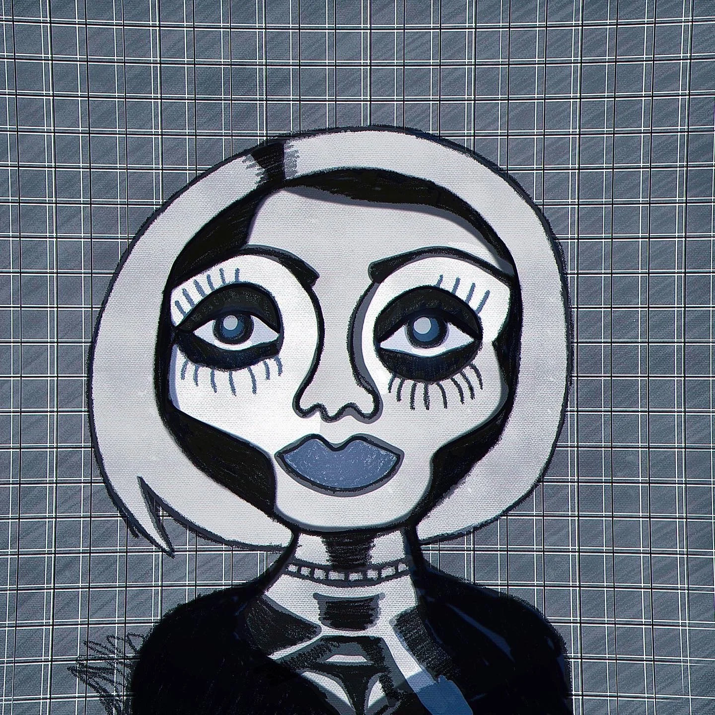 A monochrome stylized illustration of a woman with large eyes, dark makeup, and short hair, with a grid background.
