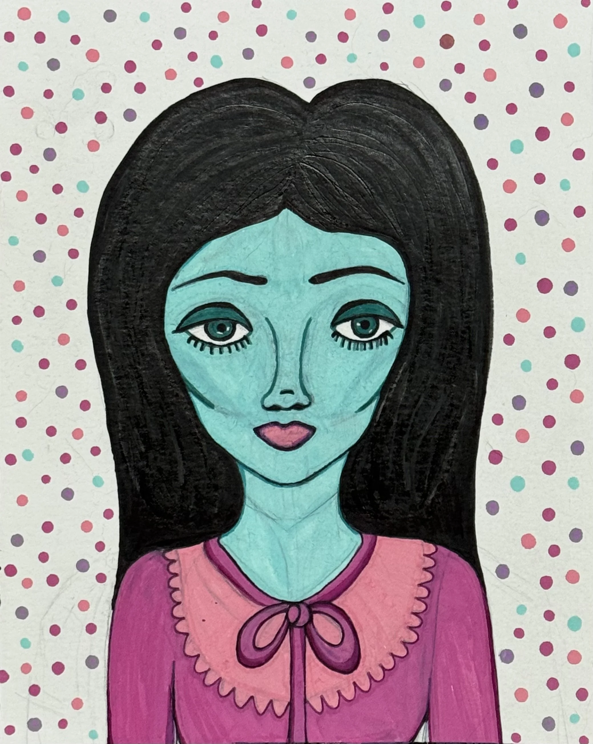 A hand-drawn portrait of a woman with blue skin, large teal eyes, dark hair, and wearing a pink dress with a bow, against a polka dot background.