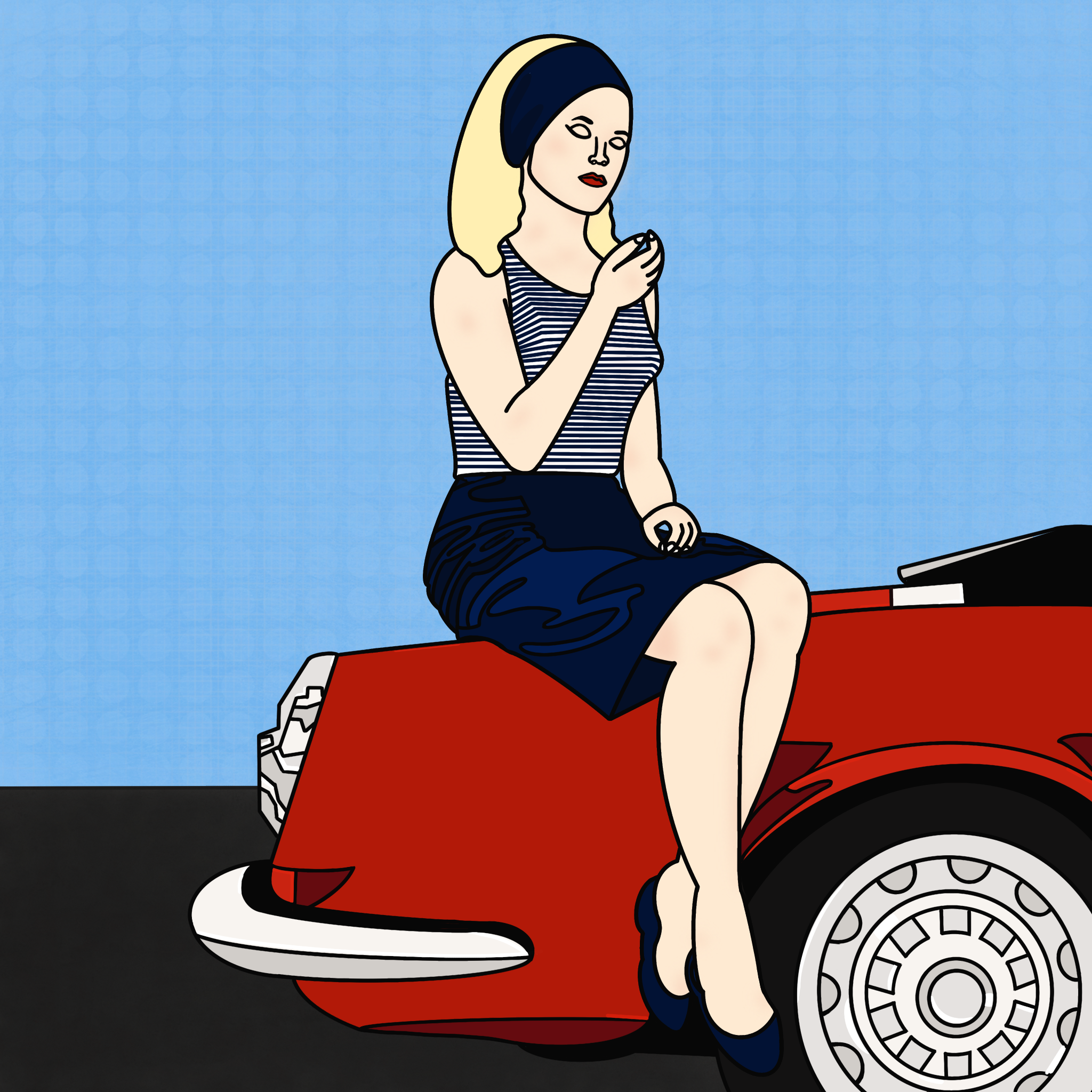A woman with blonde hair wearing a navy headband, striped sleeveless top, and navy skirt, sitting on a red classic car and looking at her phone against a blue sky background.