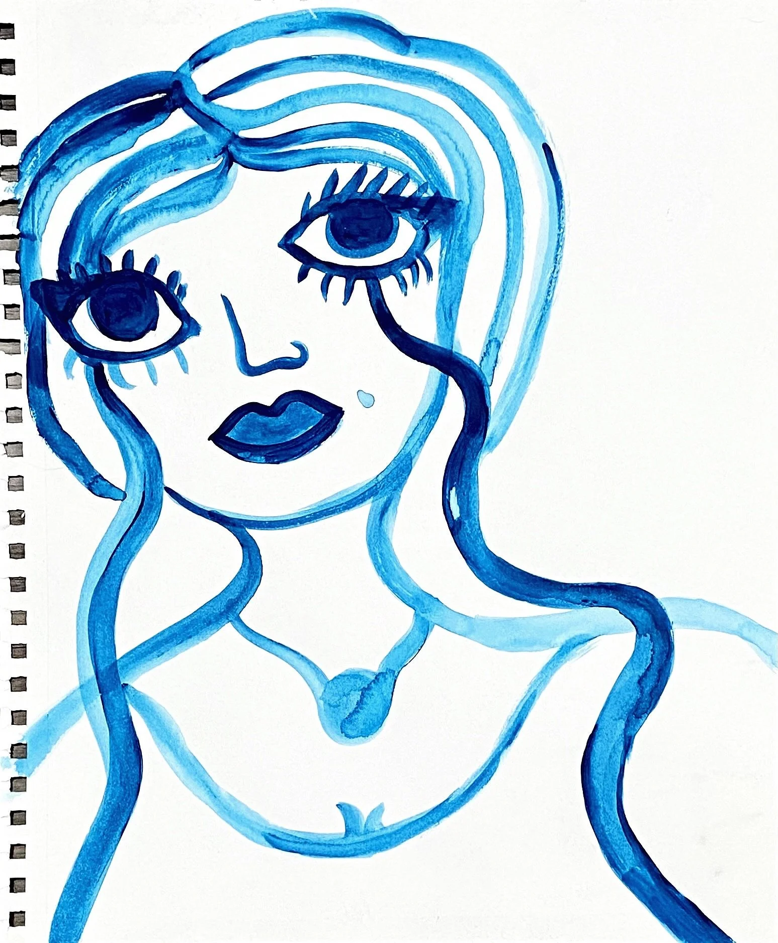 Blue ink drawing of a woman crying, with thick eyelashes and full lips, across a white background.