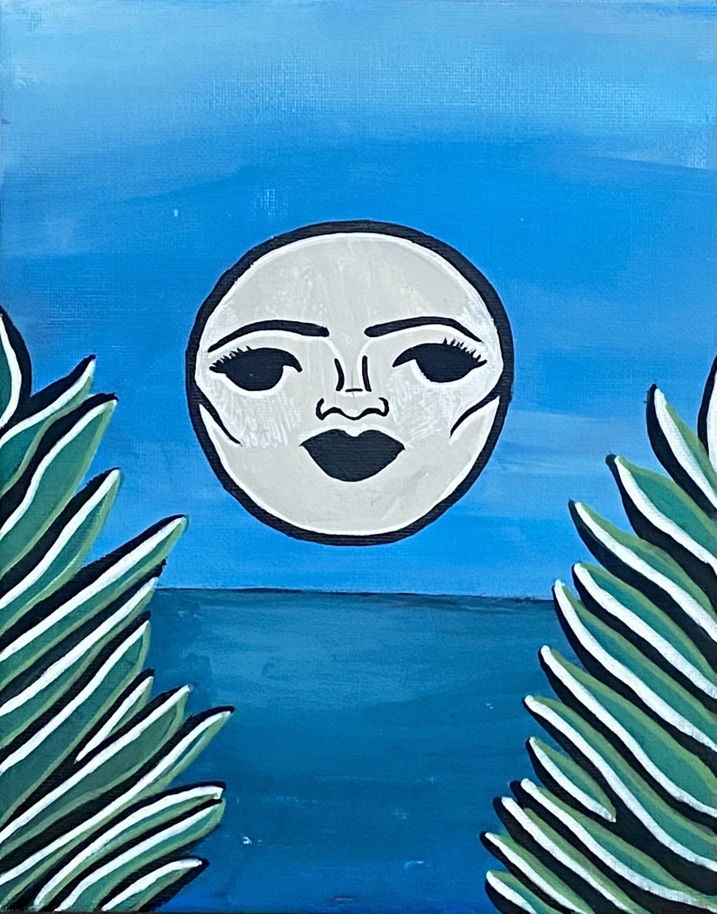 Artistic depiction of a stylized moon with a woman's face, surrounded by blue sky and green palm leaves.