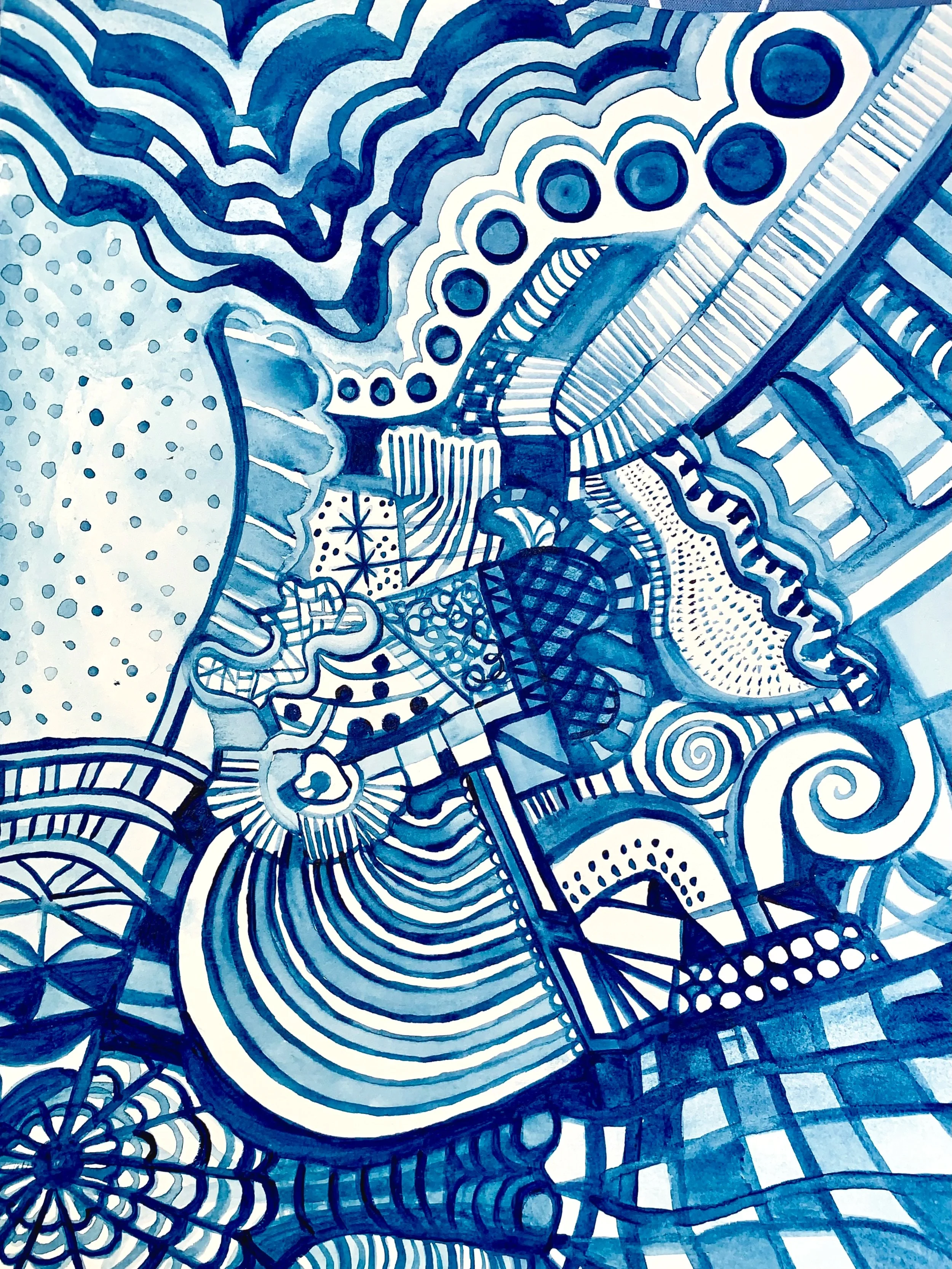 Abstract blue and white doodle art with swirling patterns, lines, dots, and geometric shapes.