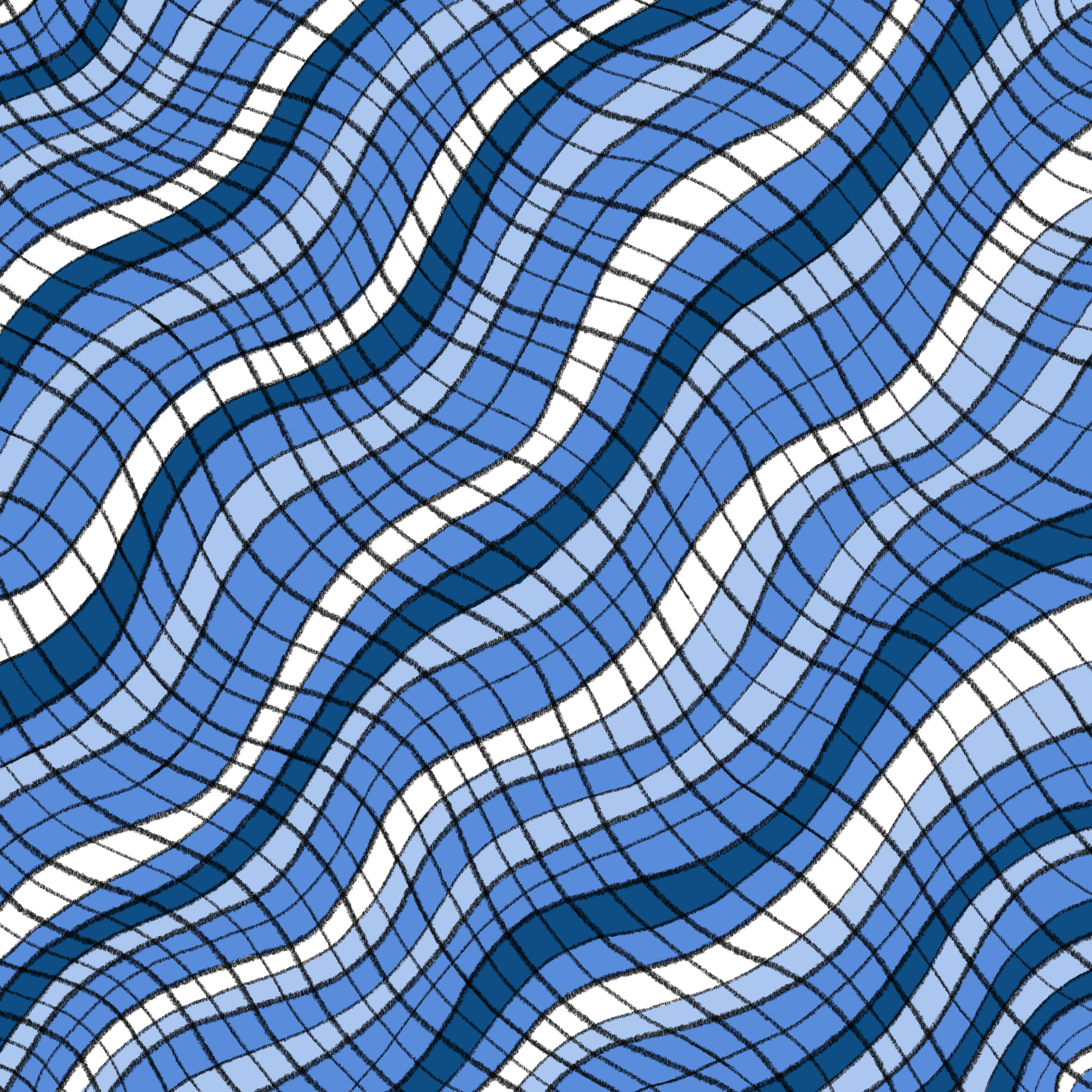 Abstract mosaic pattern with blue, white, and gray wavy shapes.