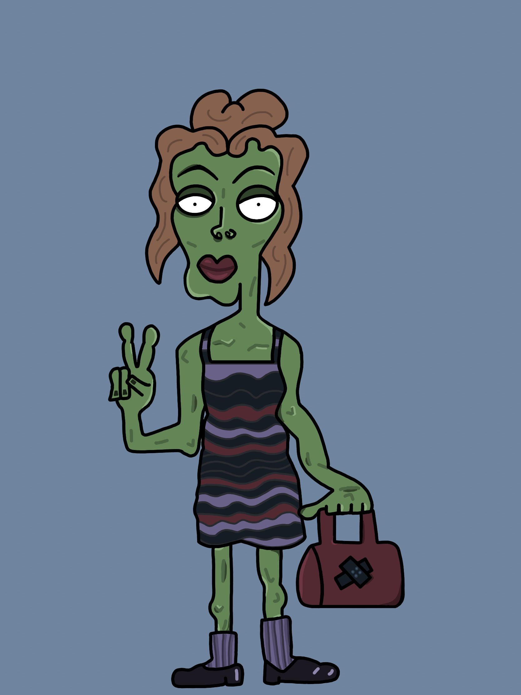Cartoon illustration of a green-skinned woman with brown hair, wearing a striped dress, purple boots, and holding a red bag with a band-aid symbol. She is making a peace sign with her right hand and standing against a plain background.