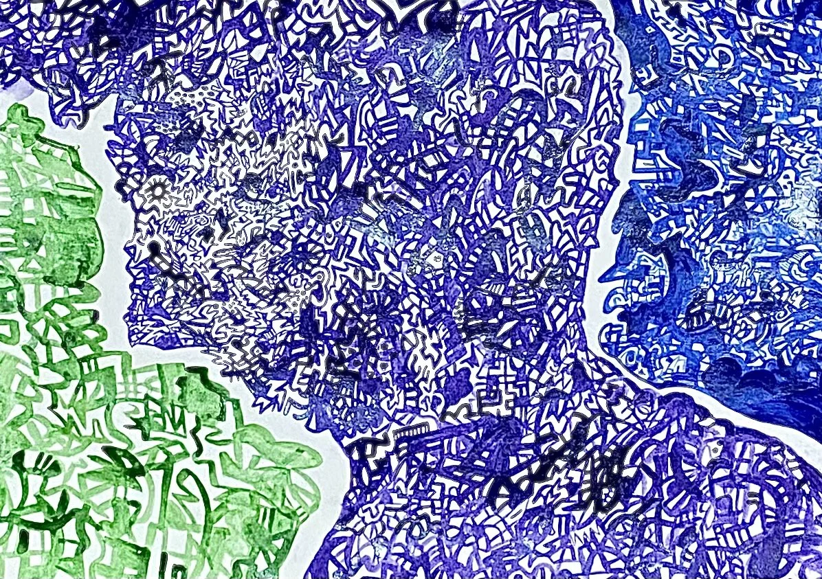 Colorful, abstract doodle art with green, purple, and blue sections.