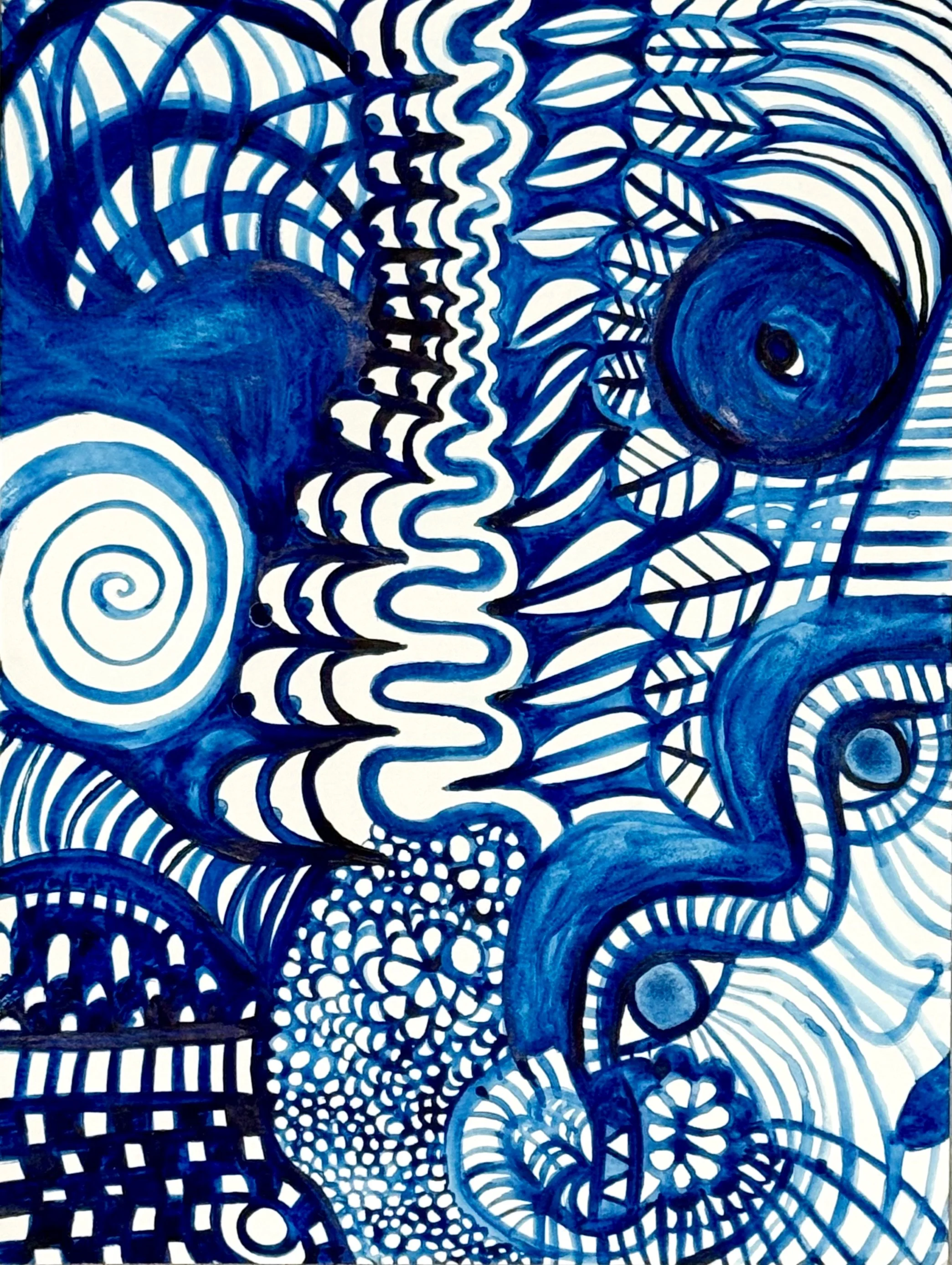 Abstract doodle art with swirling patterns and lines in shades of blue on a white background.