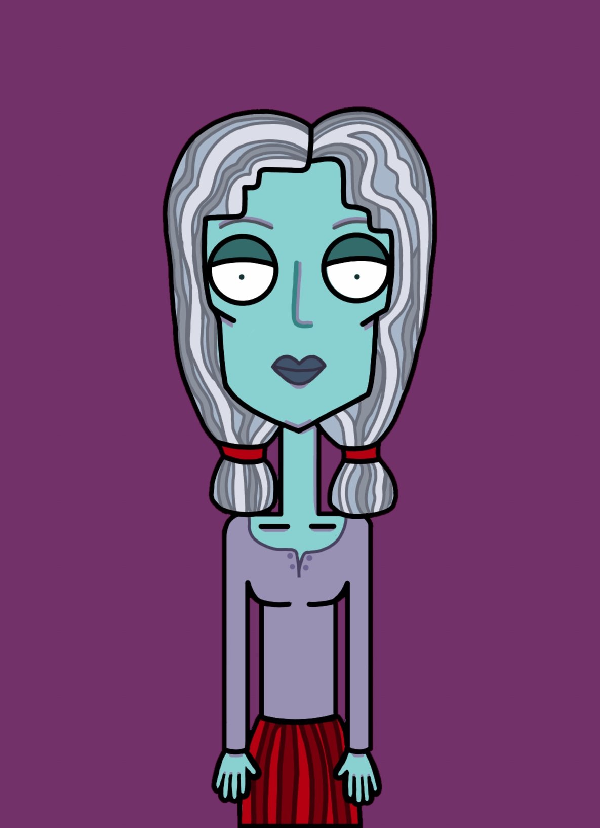 Cartoon illustration of a female character with light blue skin, long gray hair with black outlines, and large white eyes, standing against a purple background.