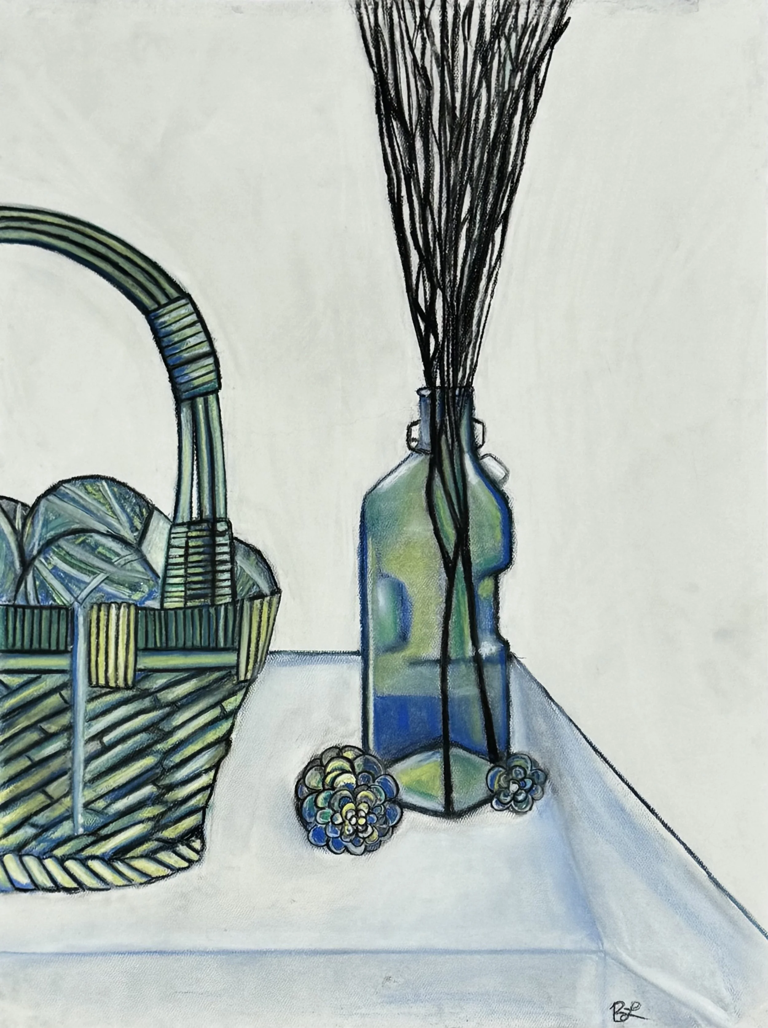 A still life drawing of a woven basket filled with yarn and a large glass bottle with dark twigs or sticks inside, placed on a table with a white cloth and some small pine cones, next to the bottle.
