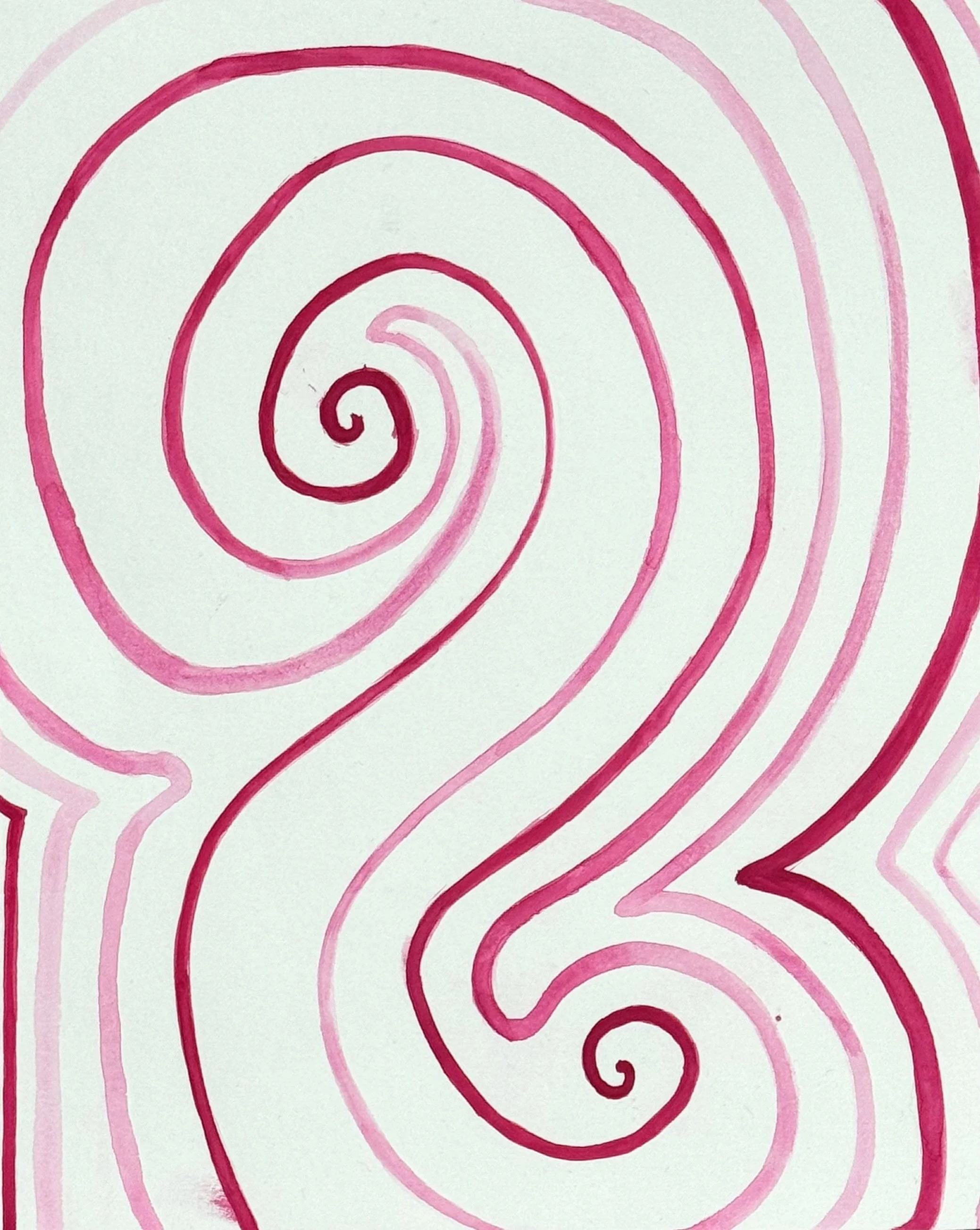 Pink and red spiral and swirl patterns on white background.
