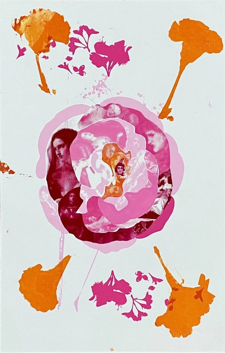 Abstract floral collage with pink, orange, and purple elements and photos of people's faces integrated into a rose shape.