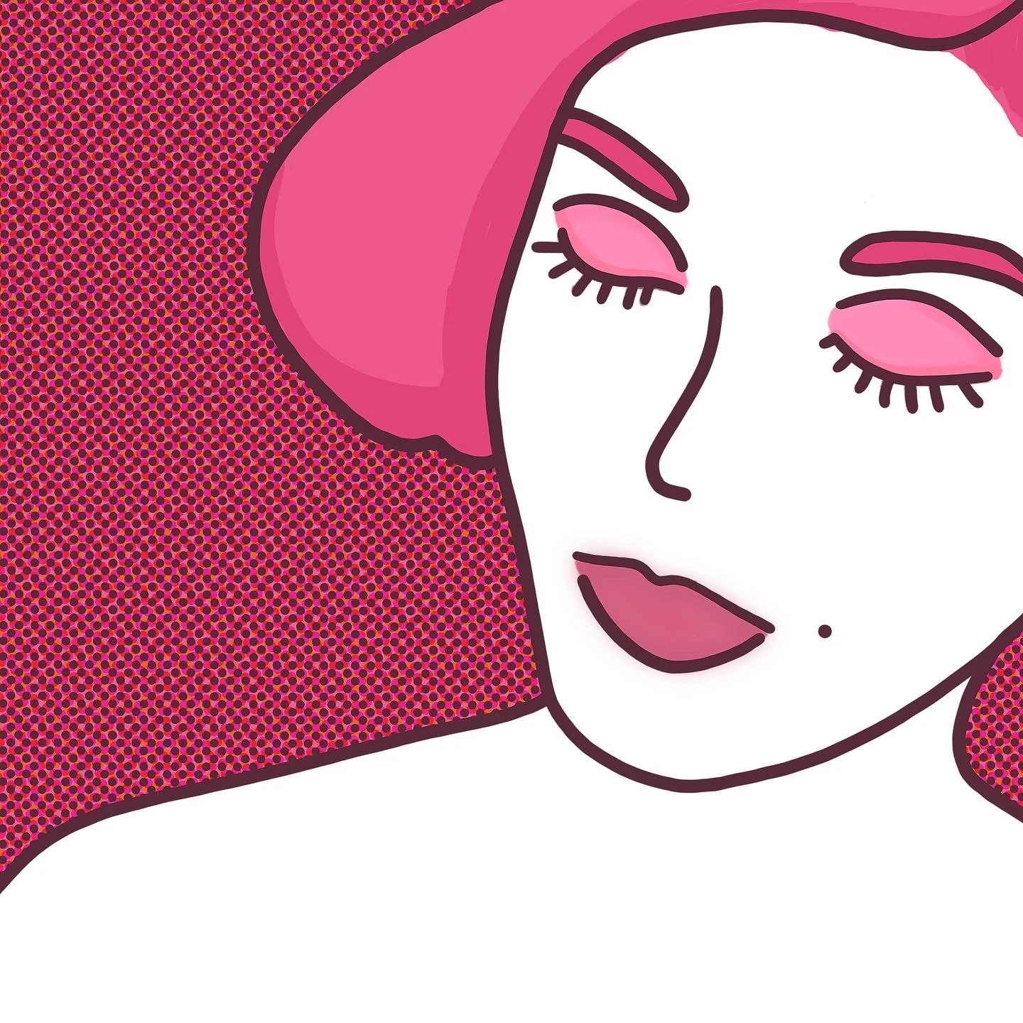 A digital illustration of a woman with pink hair, closed eyes with pink eyeshadow, full lips, and a beauty mark.