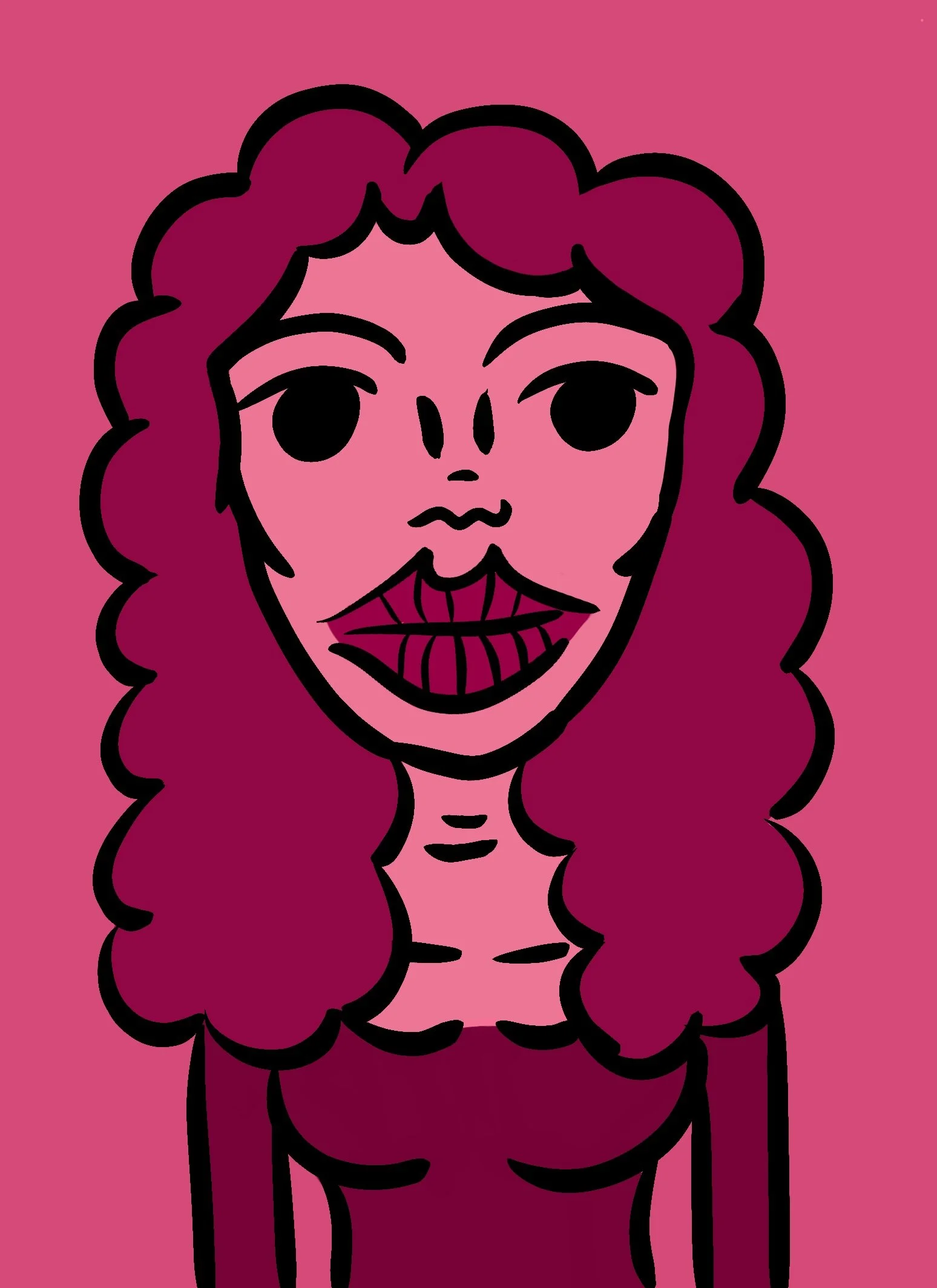 Digital illustration of a woman with curly hair and bold lips, set against a pink background.