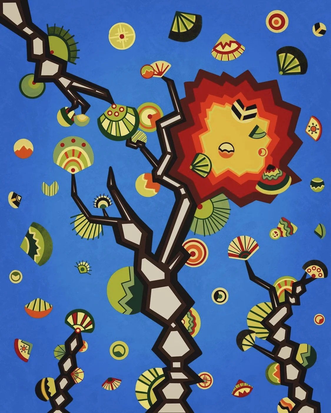 A colorful abstract artwork featuring a stylized tree with branches and leaves against a blue background, with geometric shapes and patterns resembling a fiery sun or explosion.