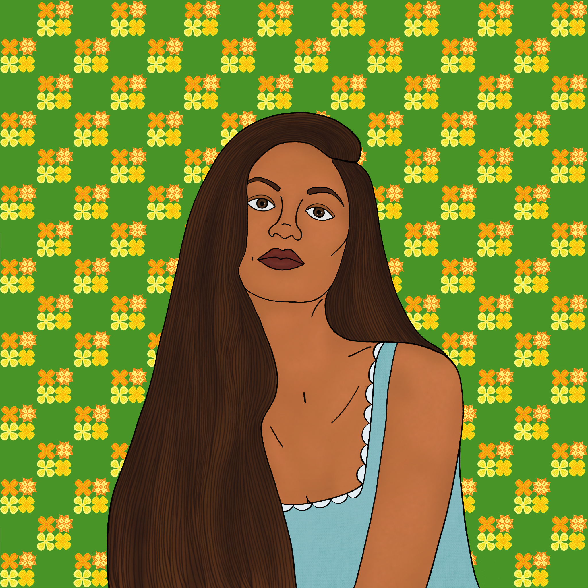 Illustration of a woman with long brown hair, wearing a light blue top, against a background of yellow and orange flowers on green.