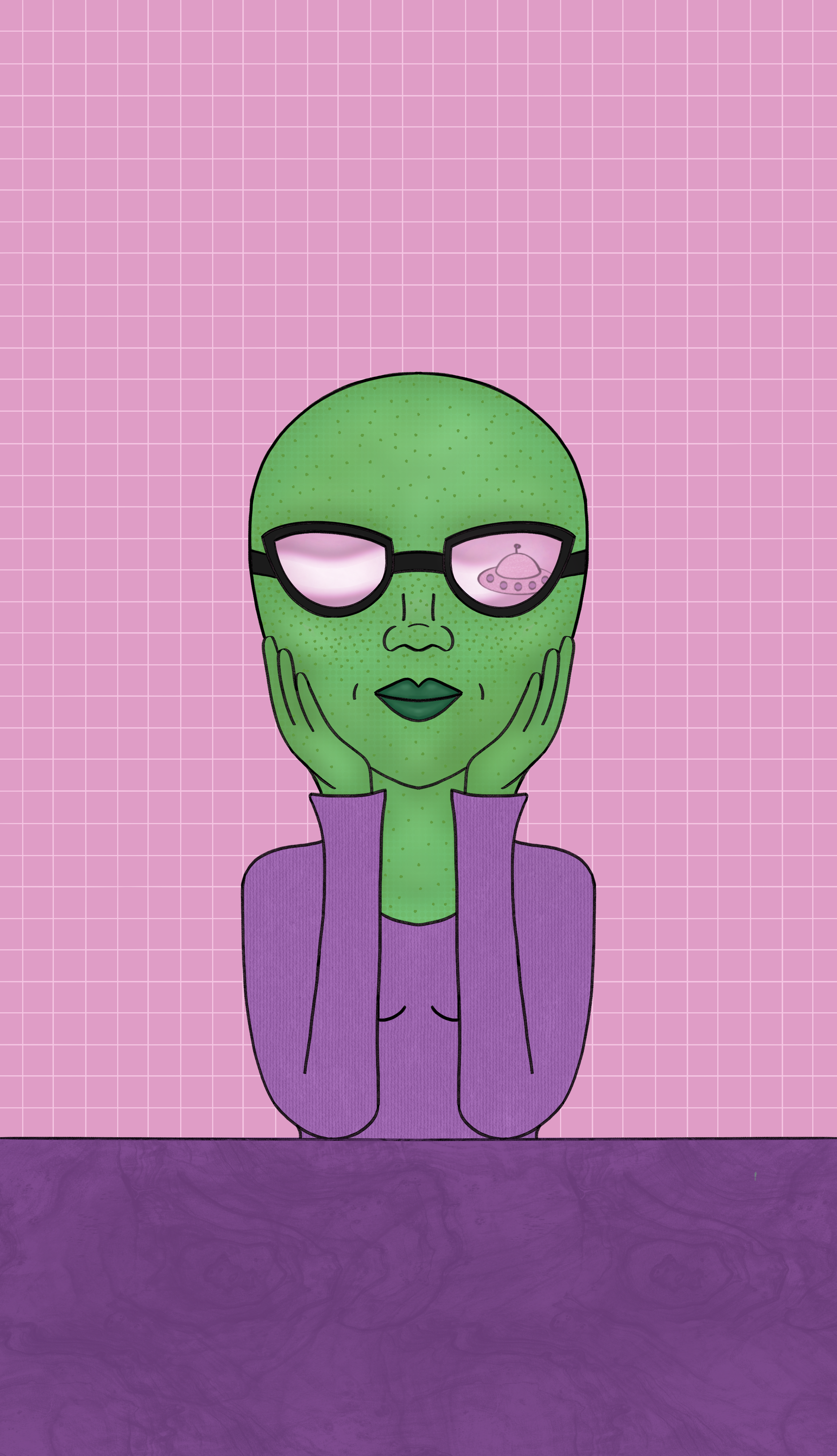 A cartoon or animated image of an alien woman with green skin, wearing glasses with a reflection of a UFO in the lenses, and a purple top, resting her face in her hands against a pink grid background.