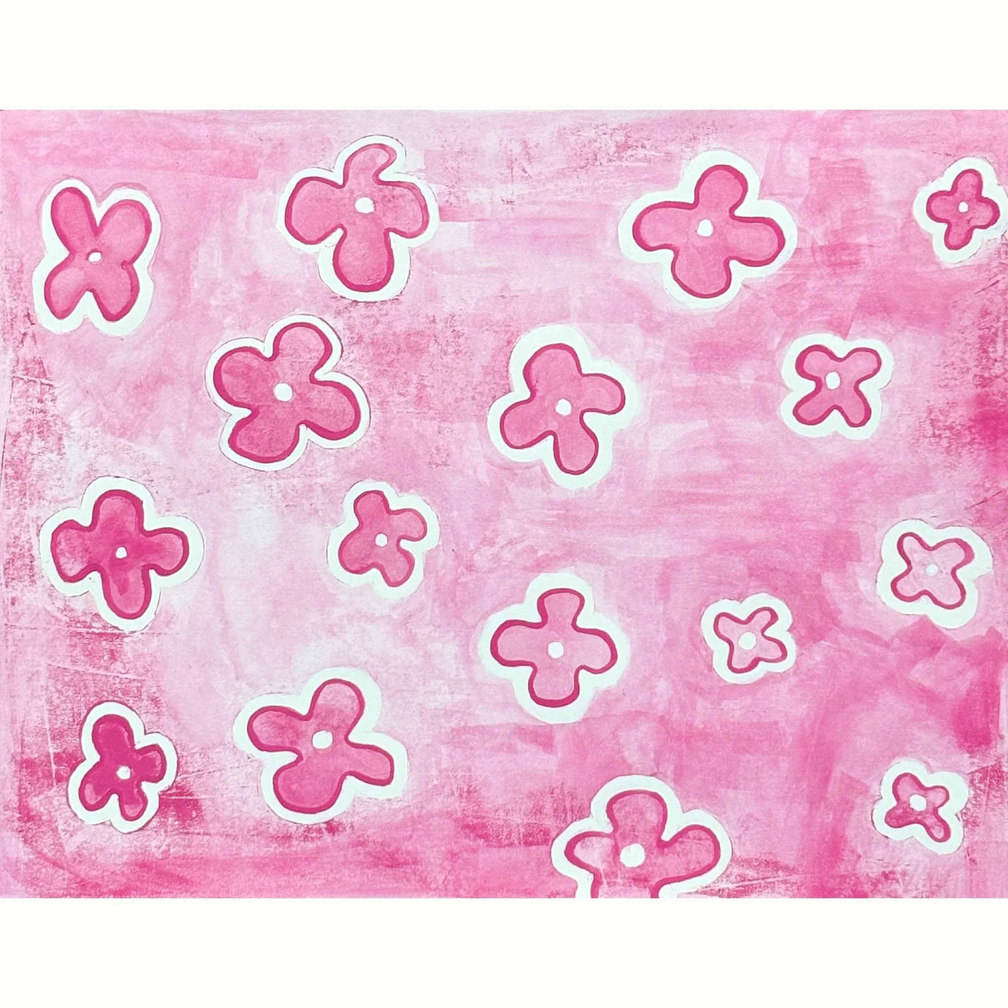 Pink background with hand-painted pink flowers outlined in white.