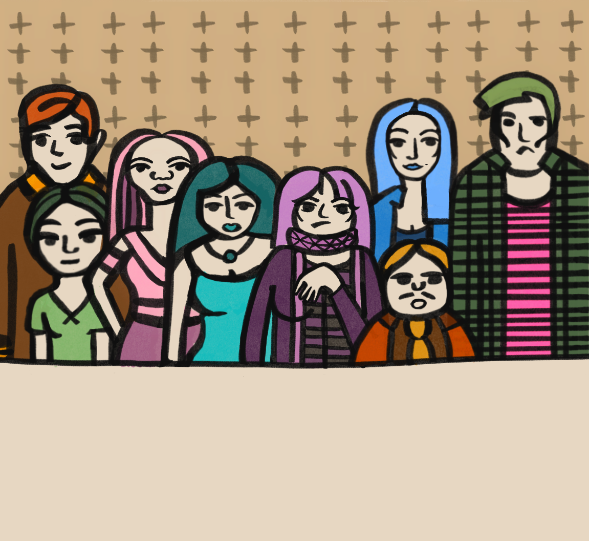 A cartoon illustration of a diverse group of nine young people standing together indoors against a beige background. They have colorful hair and clothing.