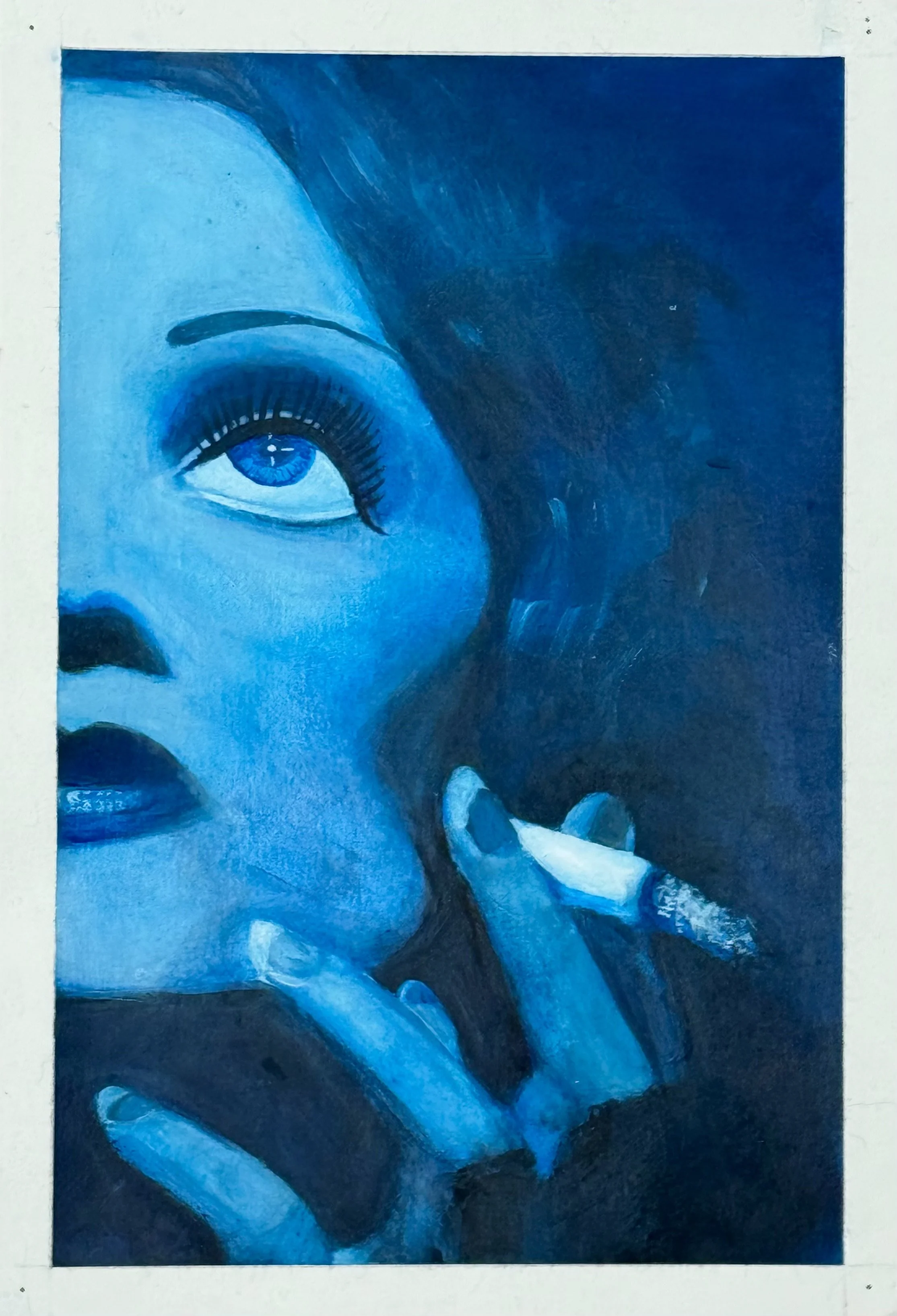A blue-toned painted portrait of a woman with one eye, partially shown face, long eyelashes, painted lips, and fingers touching her cheek and chin, with a cigarette in one hand.