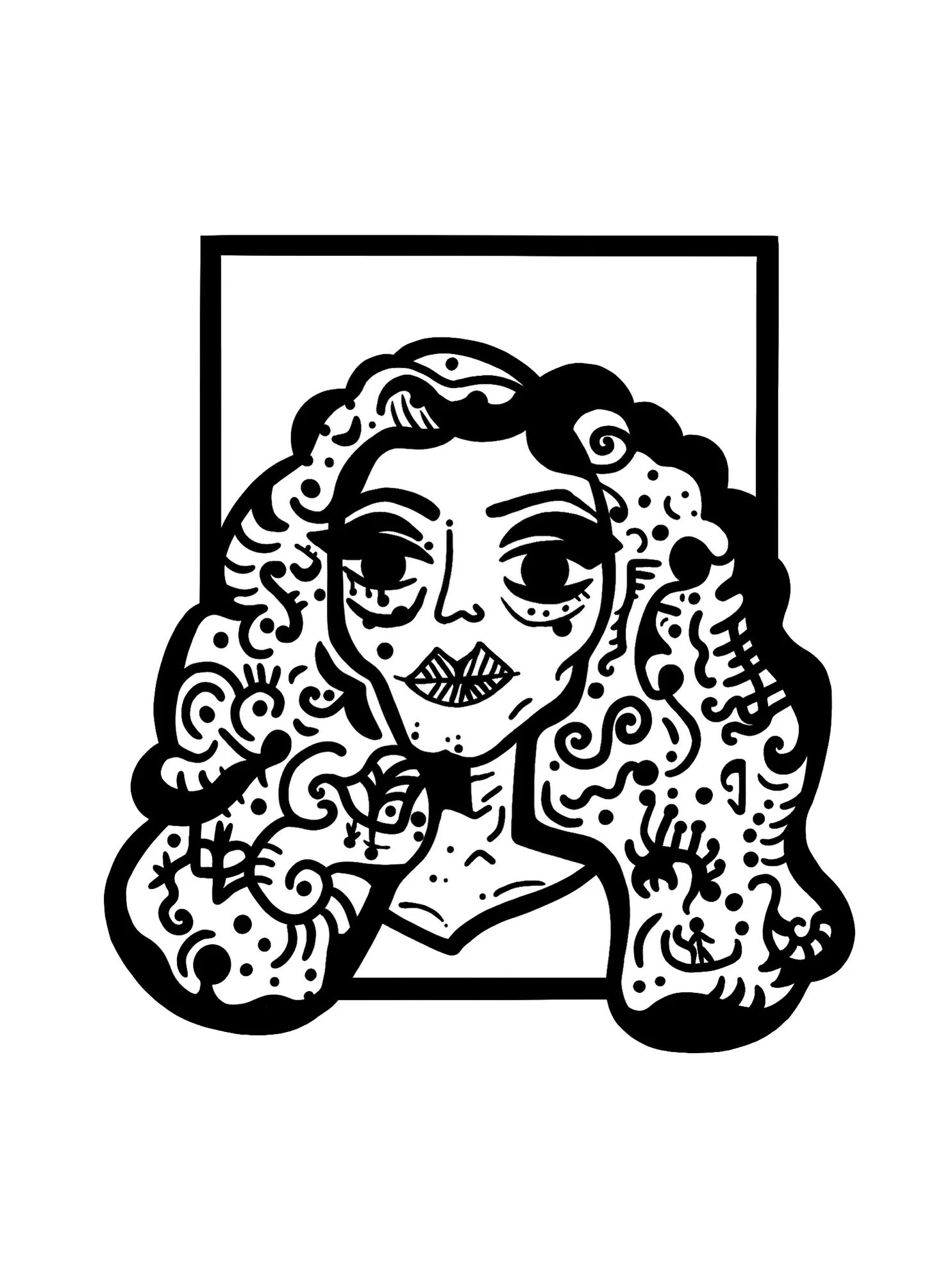 Black and white drawing of a woman with long, curly hair, wearing a necklace and an off-shoulder top, framed in a rectangular border.