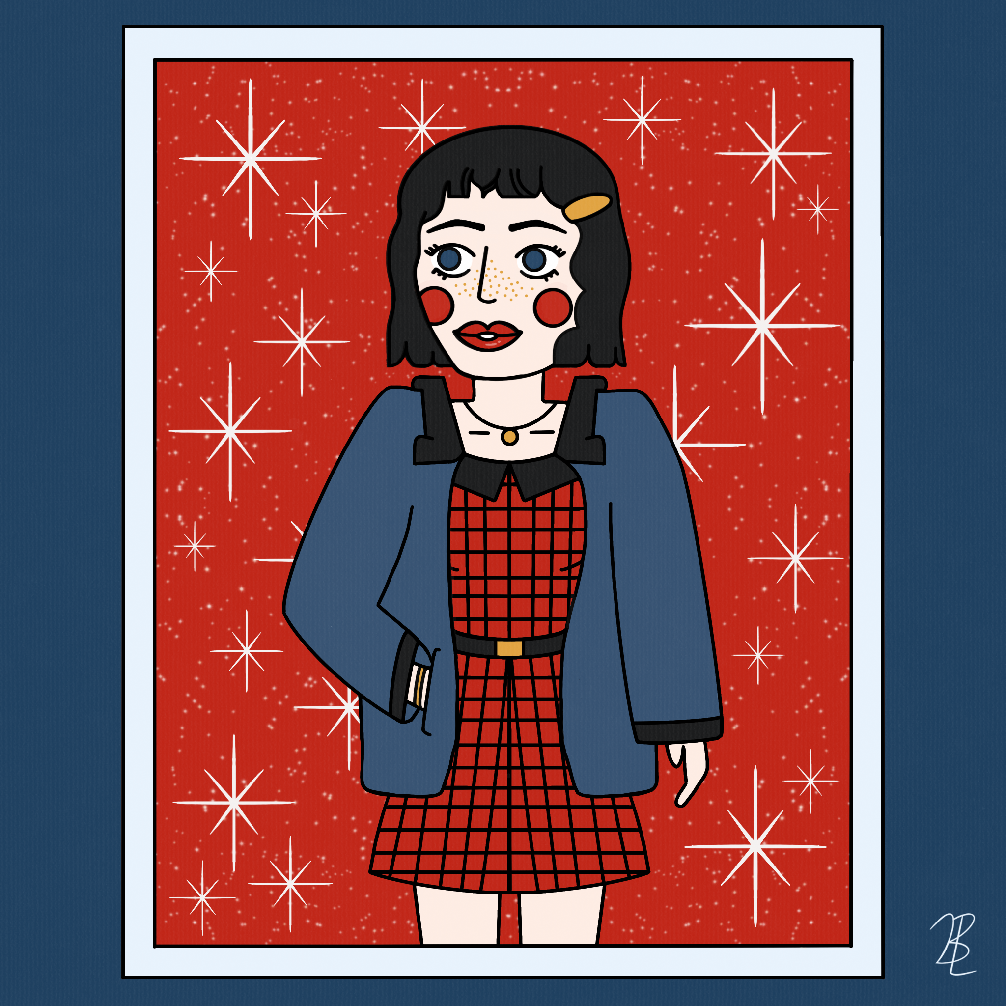 Illustration of a woman with short black hair, blue eyes, red circles on cheeks, red lipstick, wearing a blue jacket over a red and black checkered dress, with a black belt, in front of a starry red background.