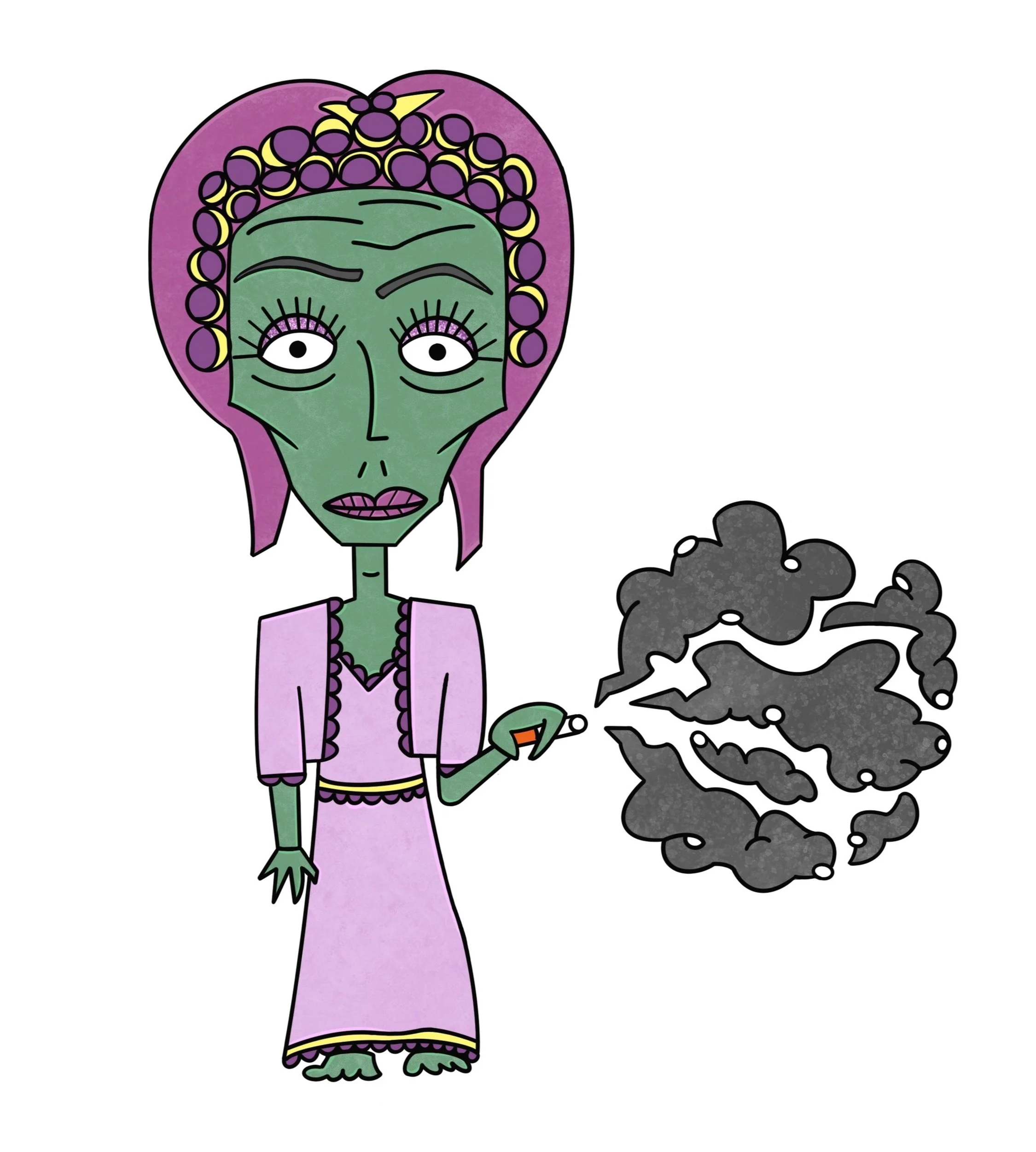 Cartoon witch with green skin, purple hair, dressed in purple, holding a cigarette releasing black smoke.