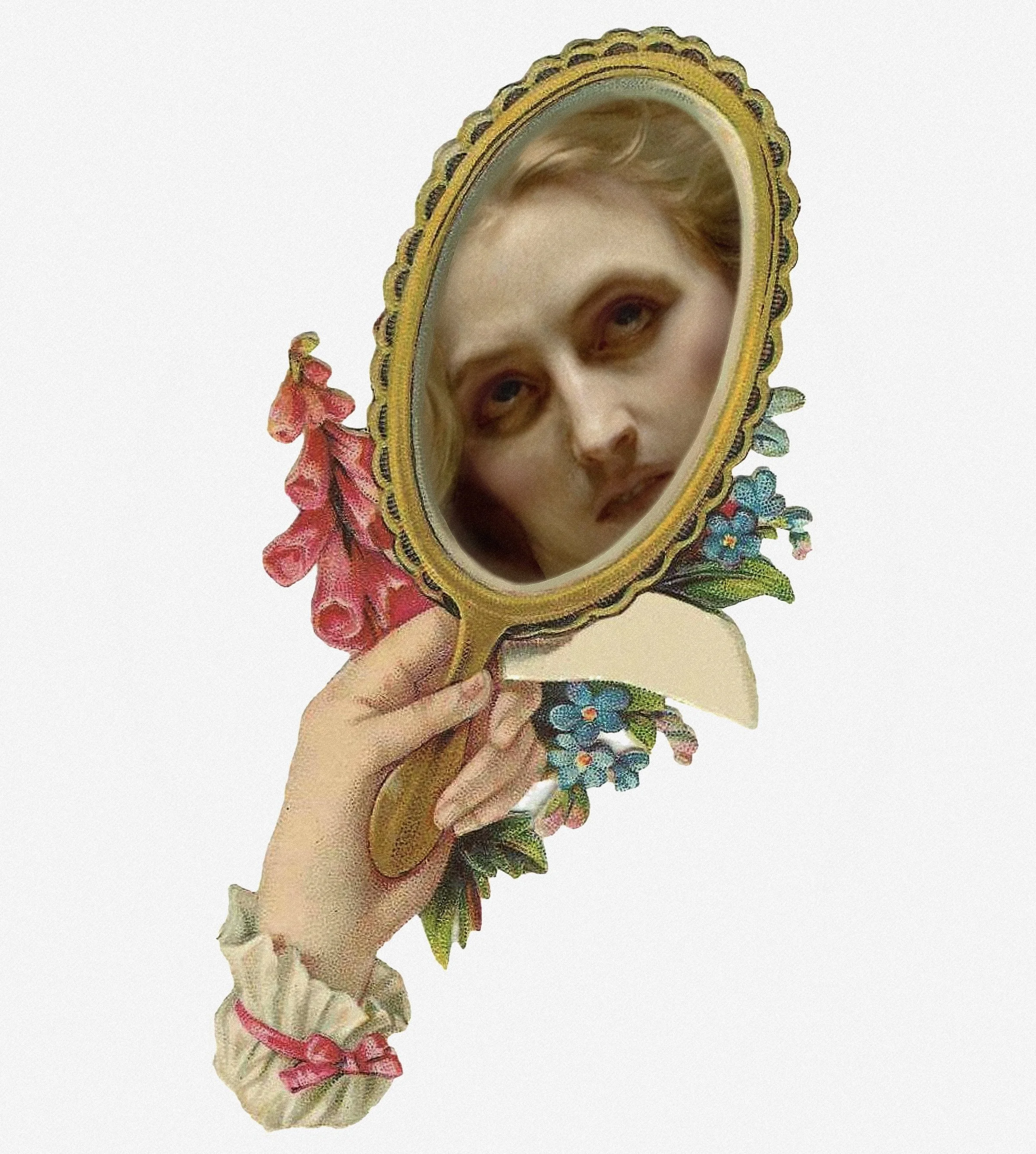 A hand holding an ornate floral-shaped handheld mirror reflecting a woman's face against a plain white background.