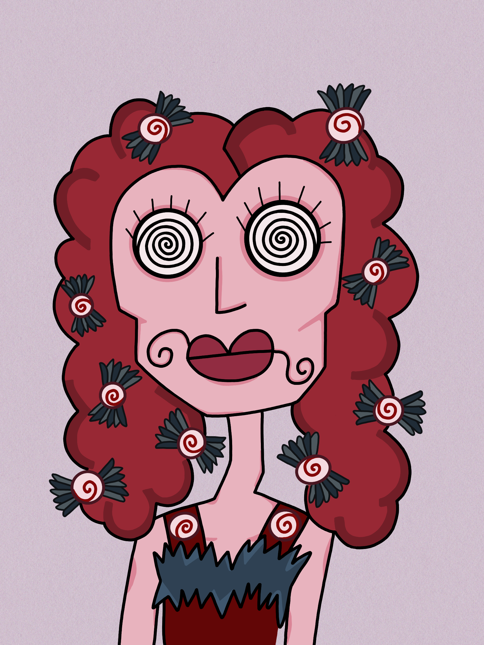 Stylized cartoon of a woman with red, curly hair decorated with black and white spiral-patterned accessories. She has spiral eyes, dark lips, and a simple nose, with a light purple background.