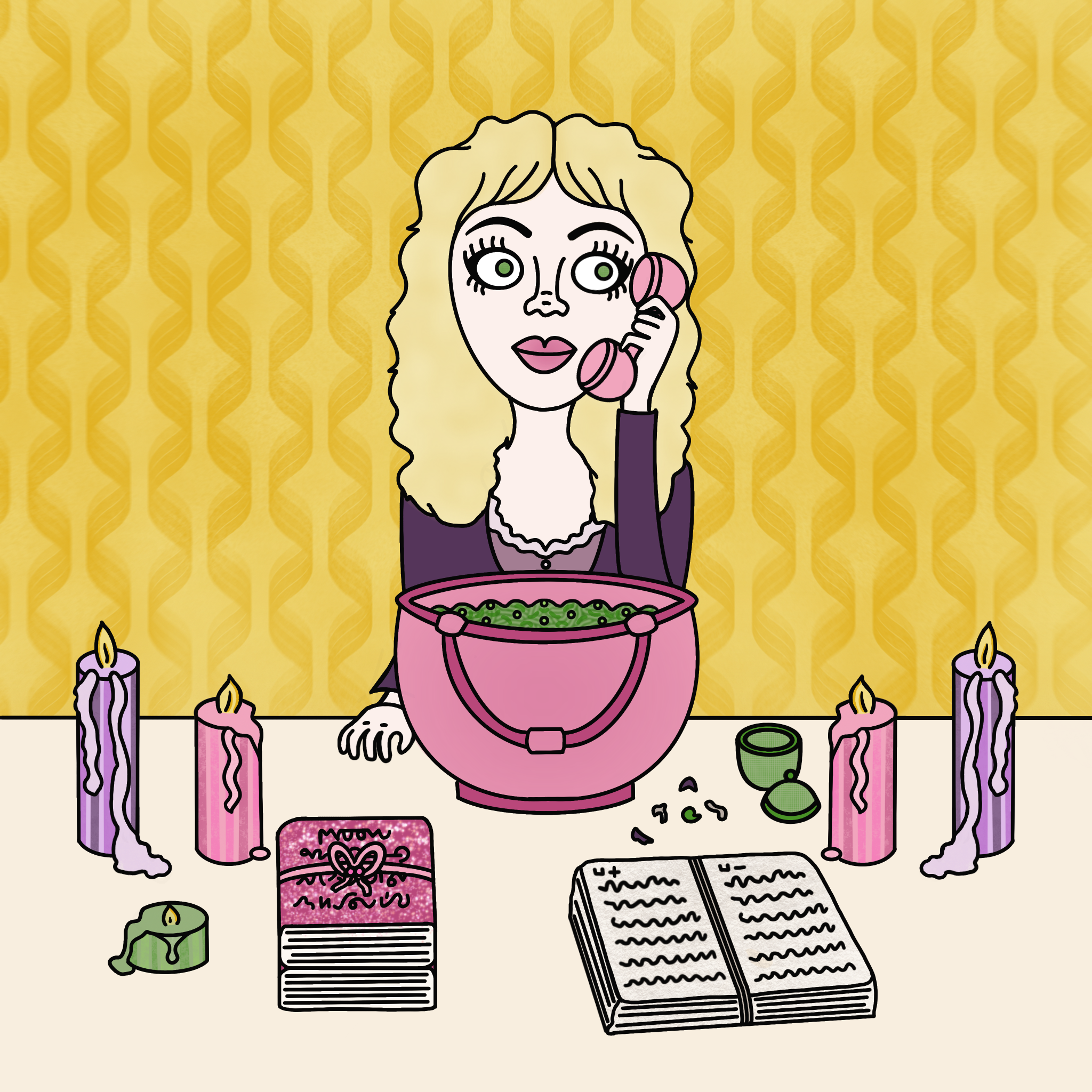 A woman with long blonde hair and big green eyes, talking on a pink rotary phone at a table decorated with pink and purple candles, an open book, and a pink cauldron filled with green leaves.