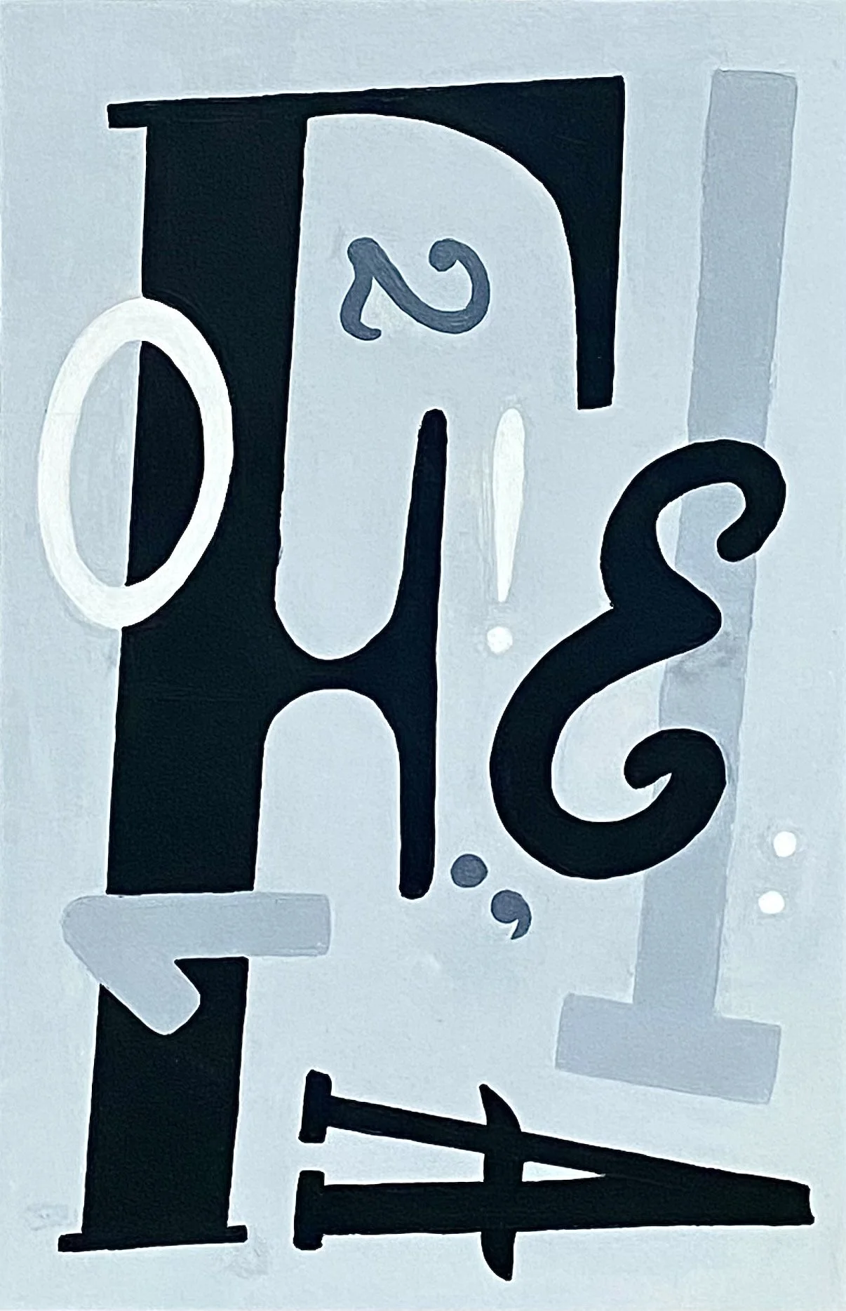 An abstract black, white, and gray graphic featuring stylized letters and punctuation marks, arranged vertically.
