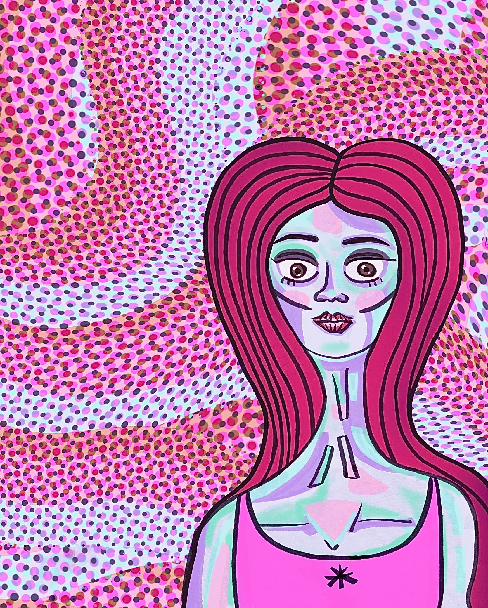 A stylized, colorful drawing of a woman with long pink hair, wearing a pink top, with a dotted pink, purple, and blue abstract background.