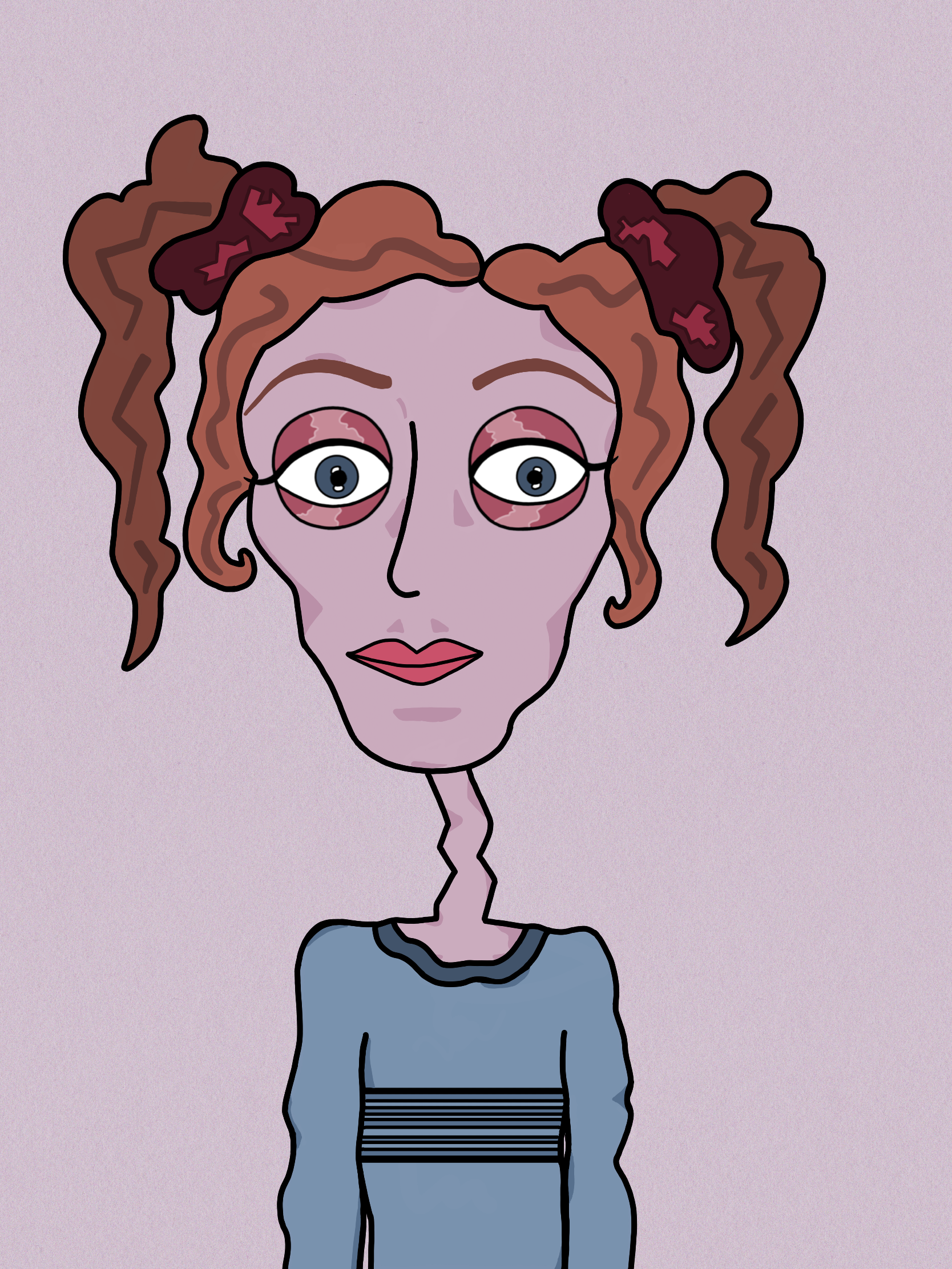 A cartoon woman with purple skin and large eyes has curly brown hair with red bows. She is wearing a blue long-sleeve shirt with black horizontal stripes.