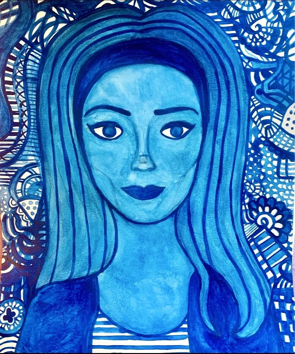 Portrait of a woman with long hair, painted in various shades of blue, with detailed patterns in the background.