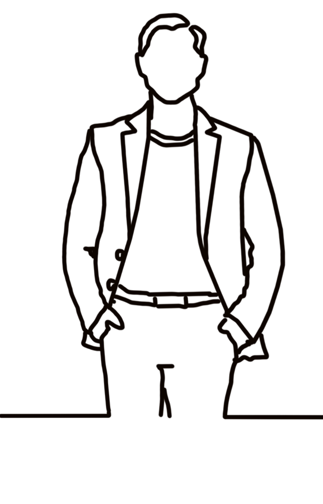 Outline drawing of a person in a blazer and casual shirt, standing with hands in pockets.