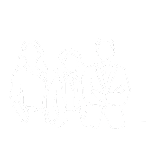 Outline drawing of three business professionals, two women and one man, standing side by side with confident postures.